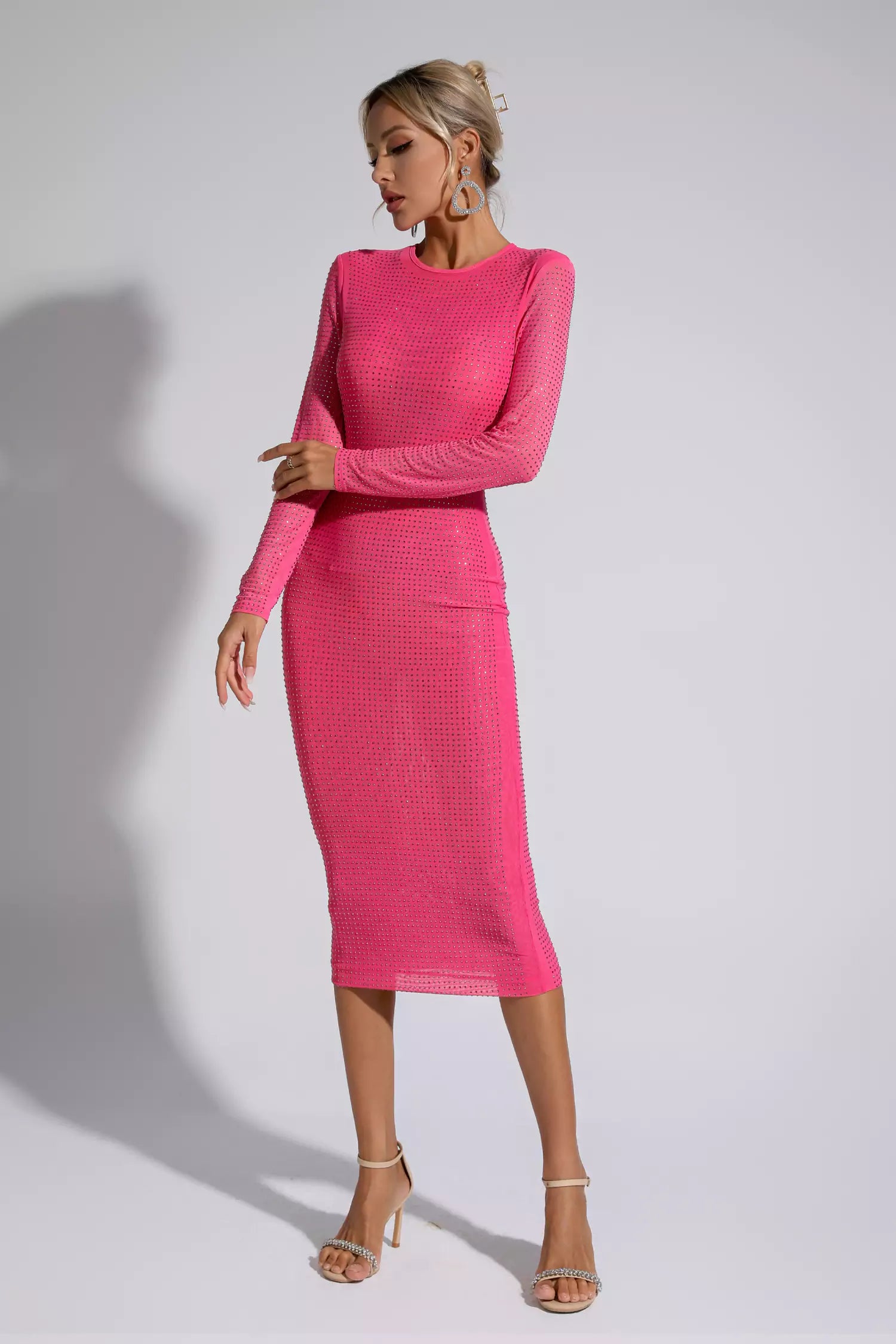 Elle Pink Crystal Midi Dress-CATCHALL