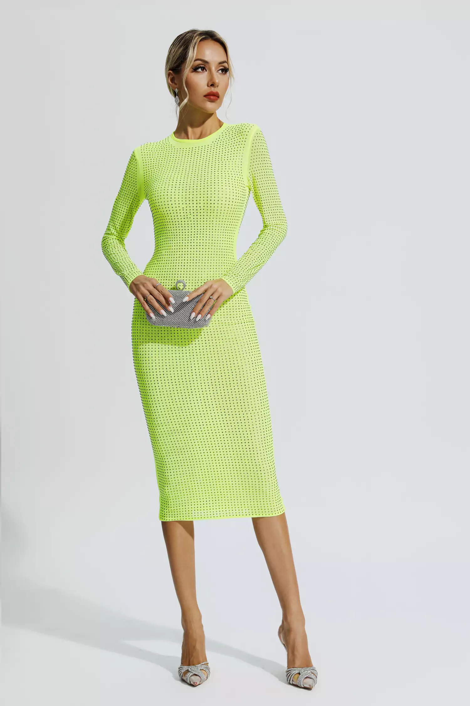 Elle Fluorescent Green Crystal Midi Dress-CATCHALL