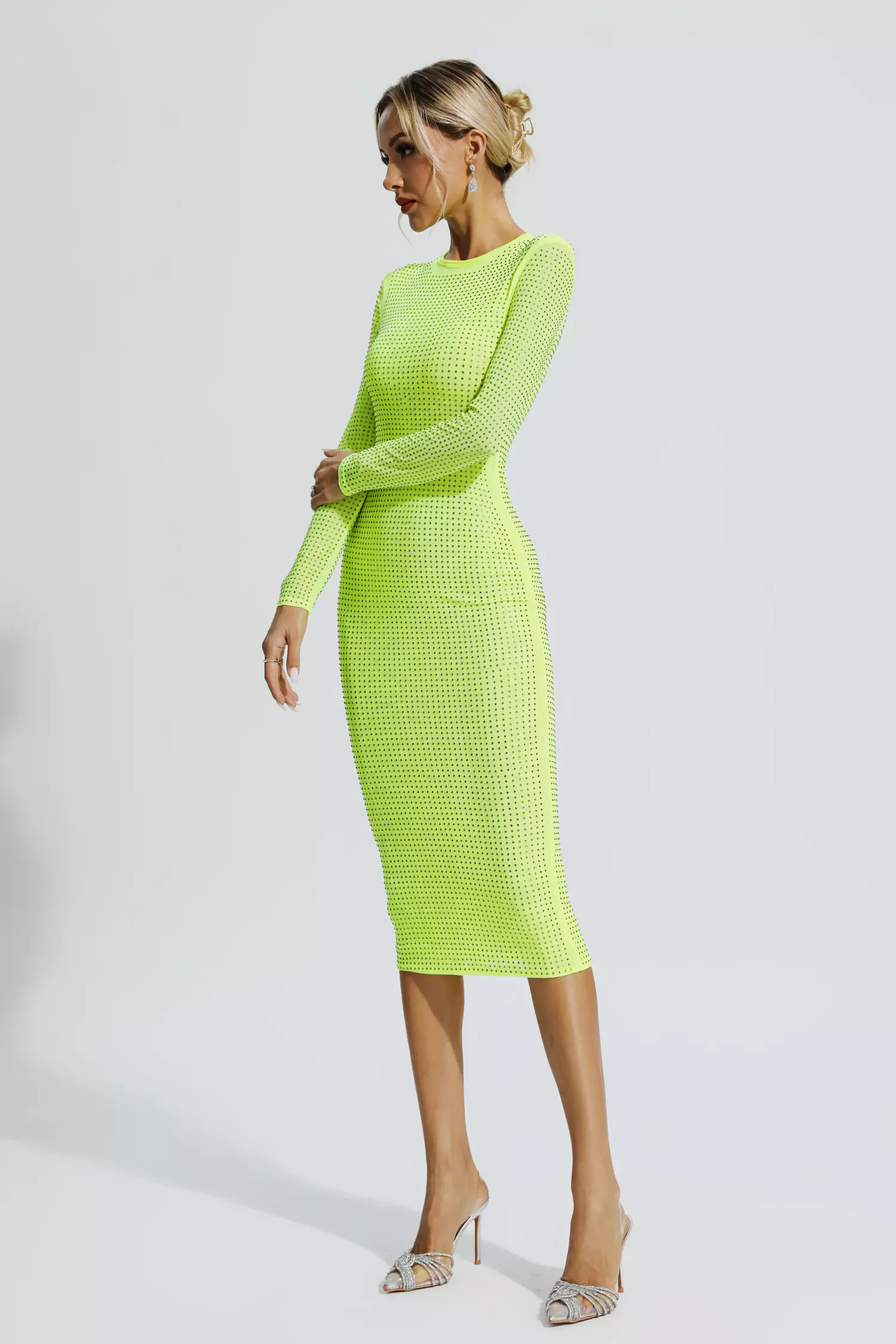 Elle Fluorescent Green Crystal Midi Dress-CATCHALL