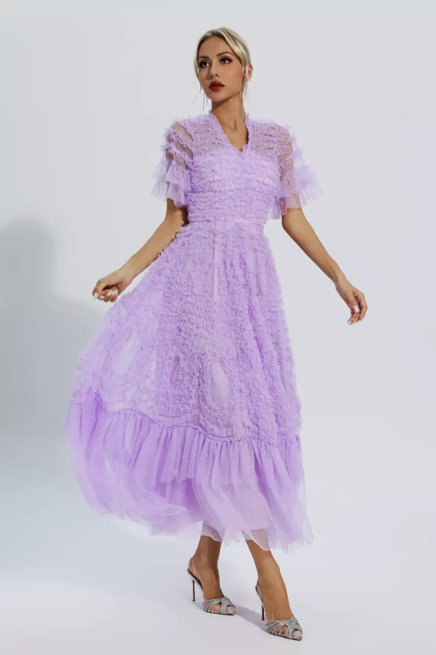 Elora Purple Ruched Mesh Maxi Dress