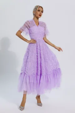 Elora Purple Ruched Mesh Maxi Dress