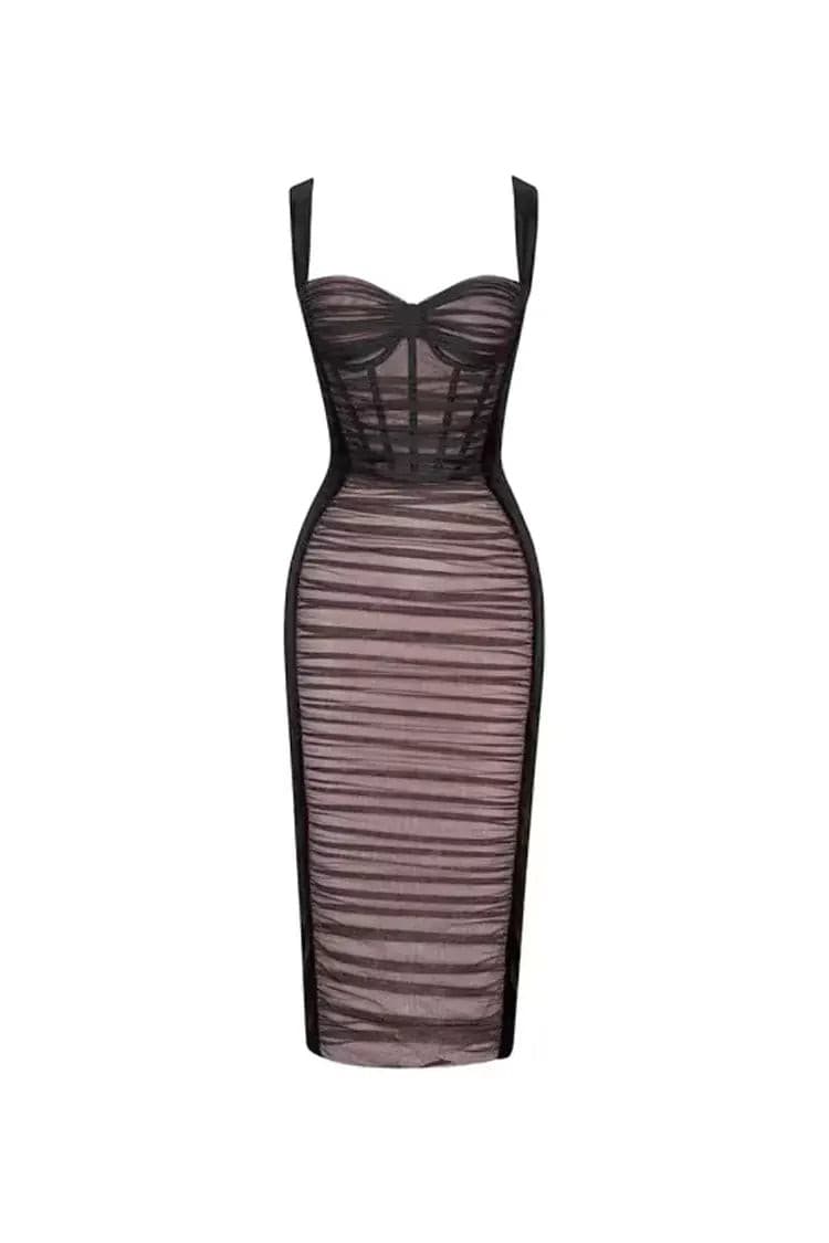 Ember Black Mesh Velvet Midi Dress-CATCHALL