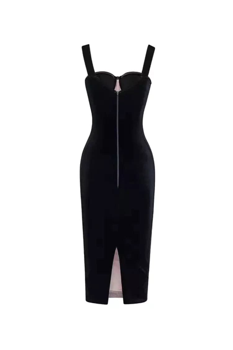 Ember Black Mesh Velvet Midi Dress-CATCHALL