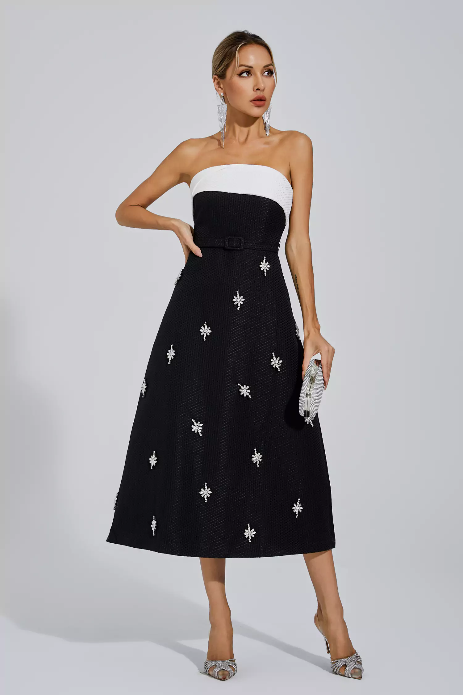 Emberlynn Black White Patchwork Midi Dress-CATCHALL