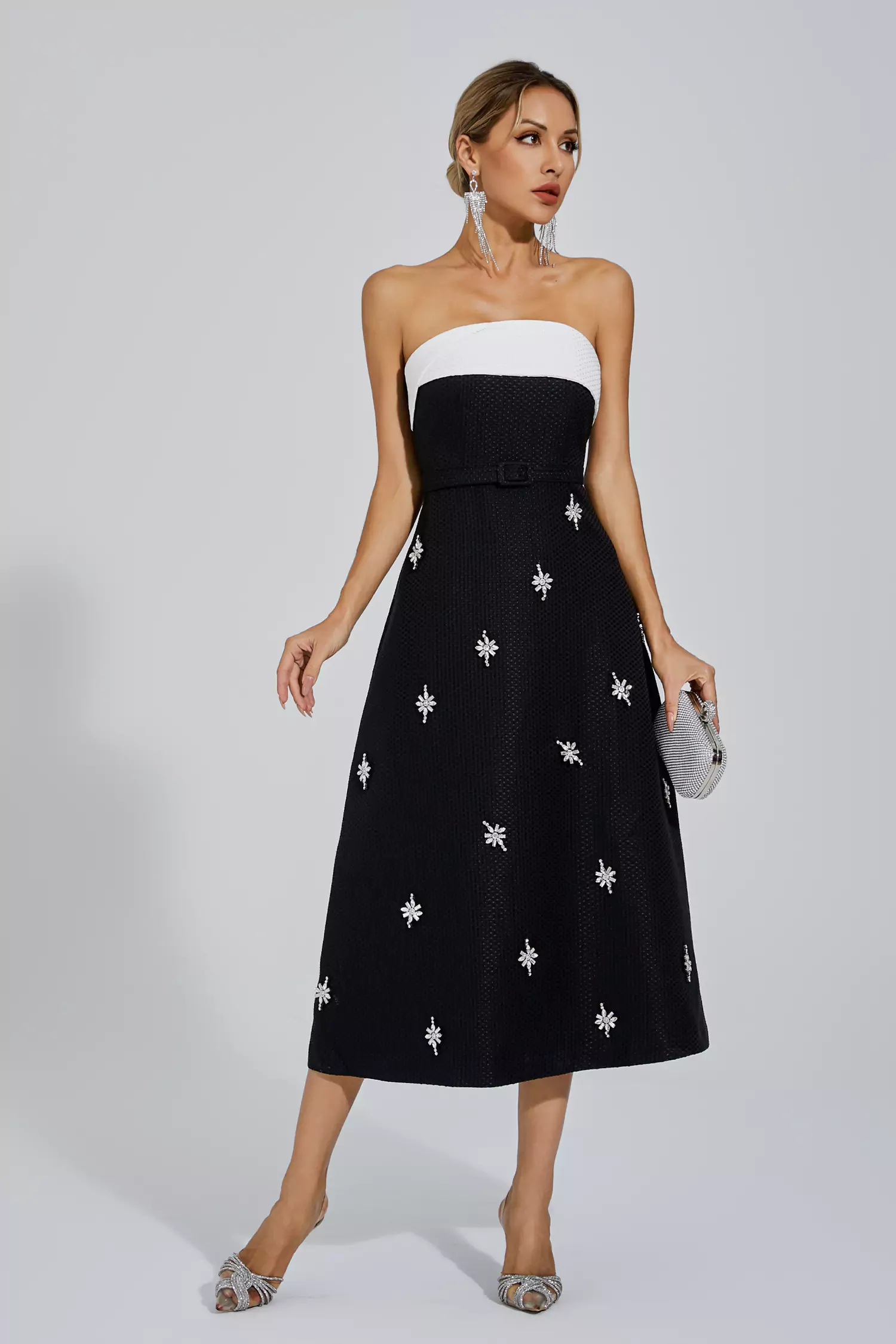 Emberlynn Black White Patchwork Midi Dress-CATCHALL