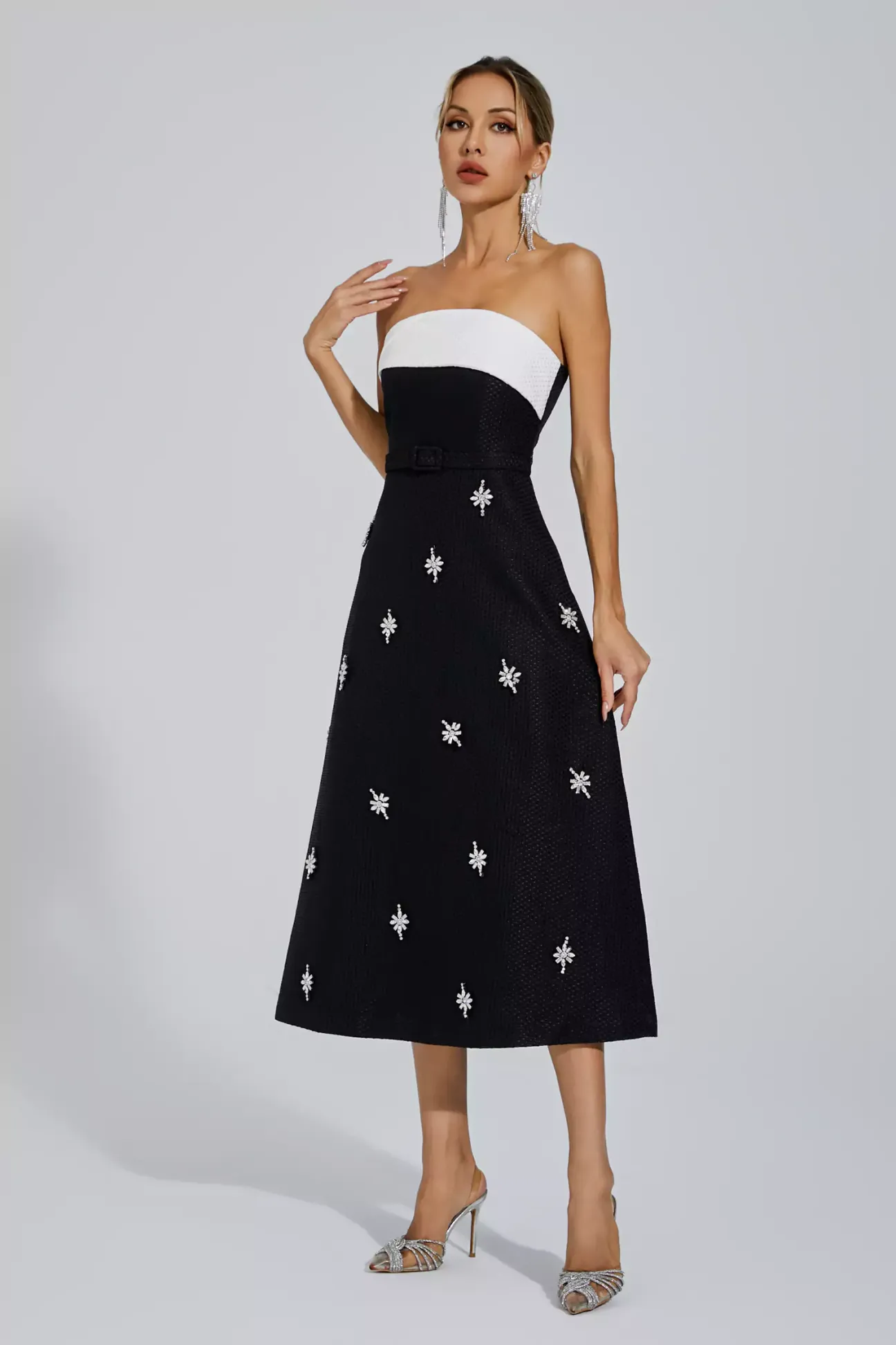 Emberlynn Black White Patchwork Midi Dress main image 0