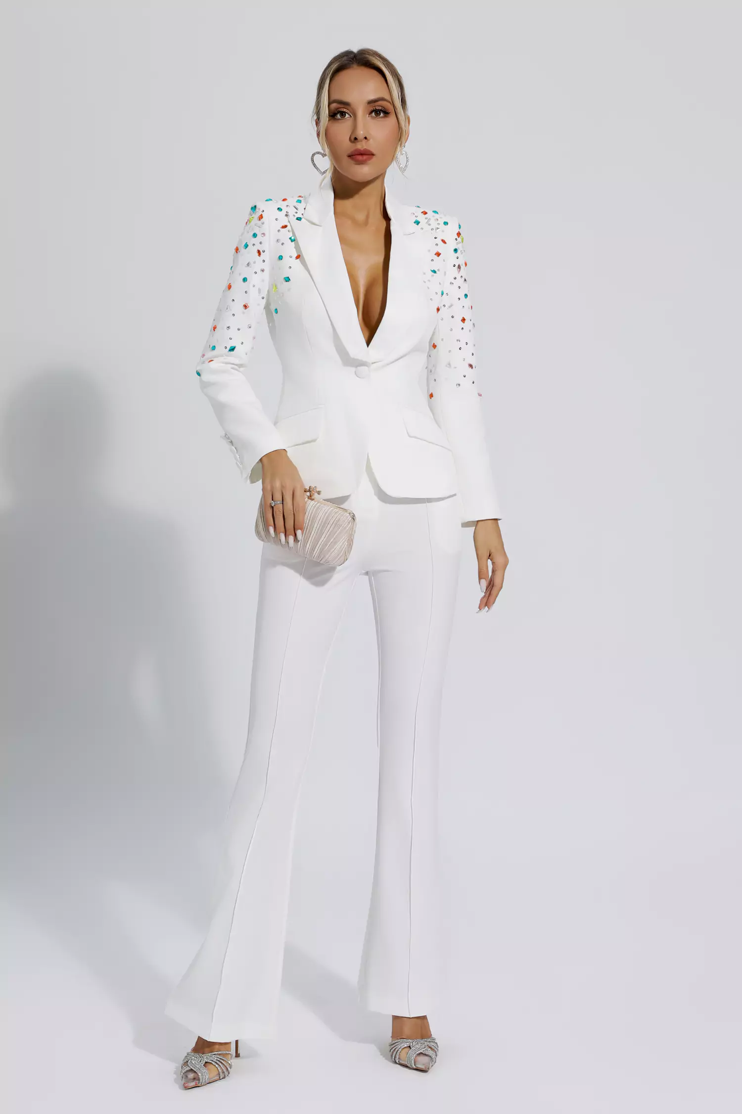 Emely White Beaded Sequin Diamond Blazer Set-CATCHALL