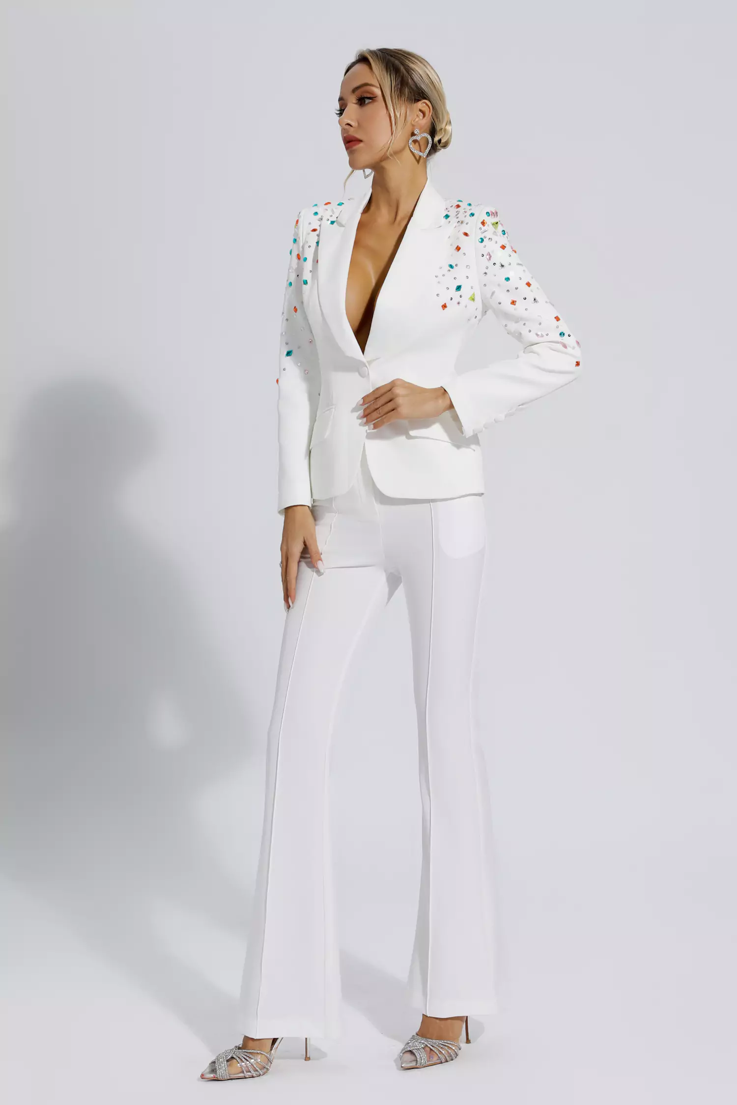 Emely White Beaded Sequin Diamond Blazer Set-CATCHALL