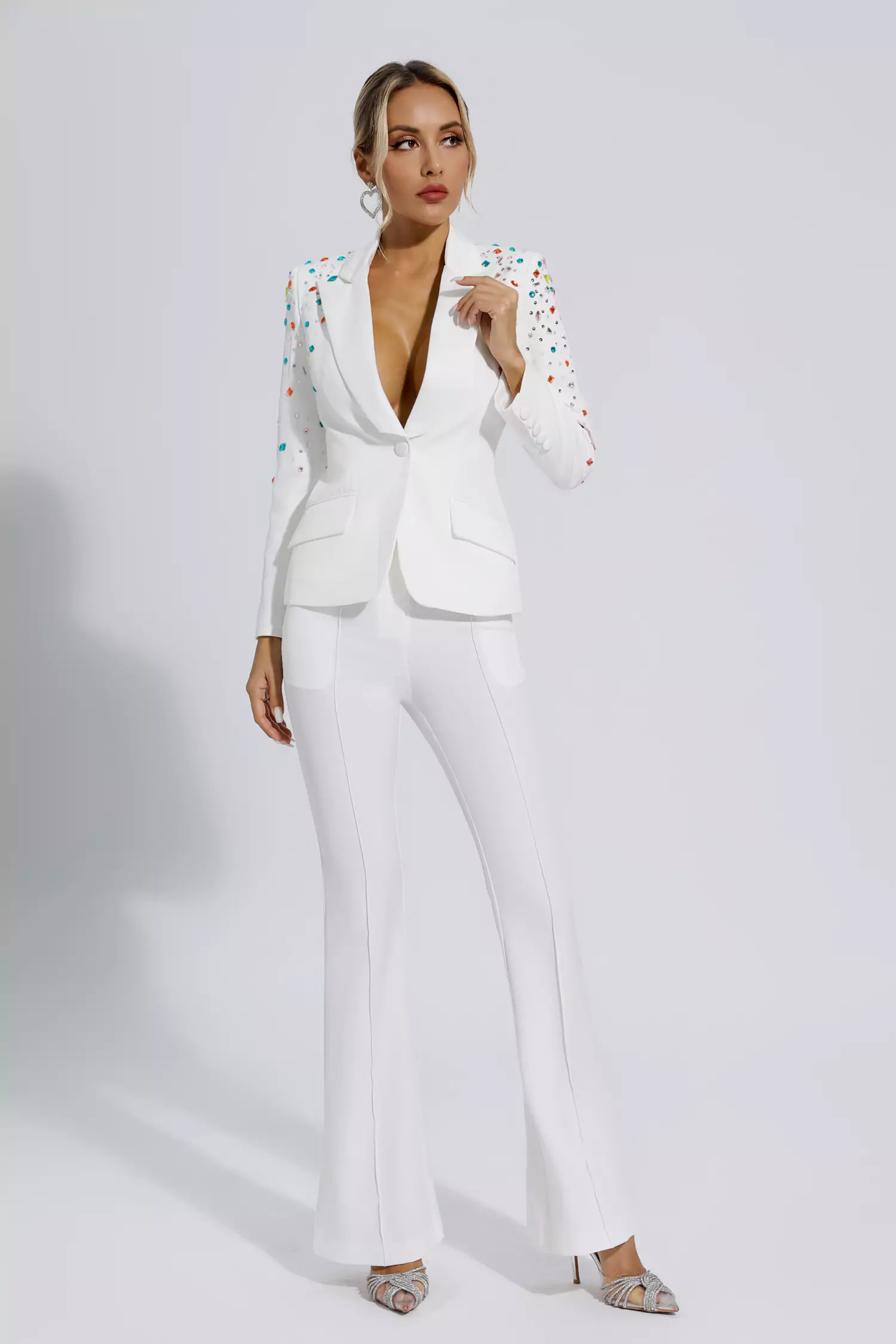 Emely White Beaded Sequin Diamond Blazer Set