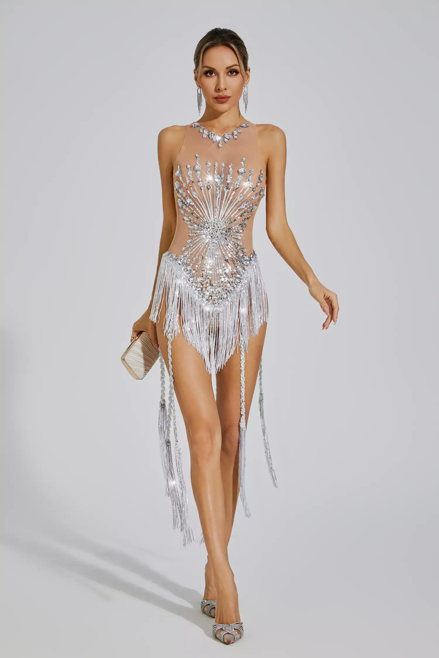 Emerald Silver Diamond Mini Fringe Dress-CATCHALL