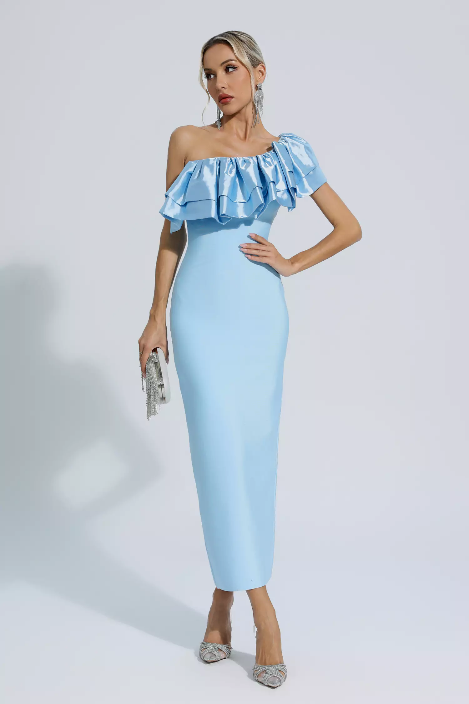 Emerie Blue One Shoulder Ruffles Bandage Dress-CATCHALL