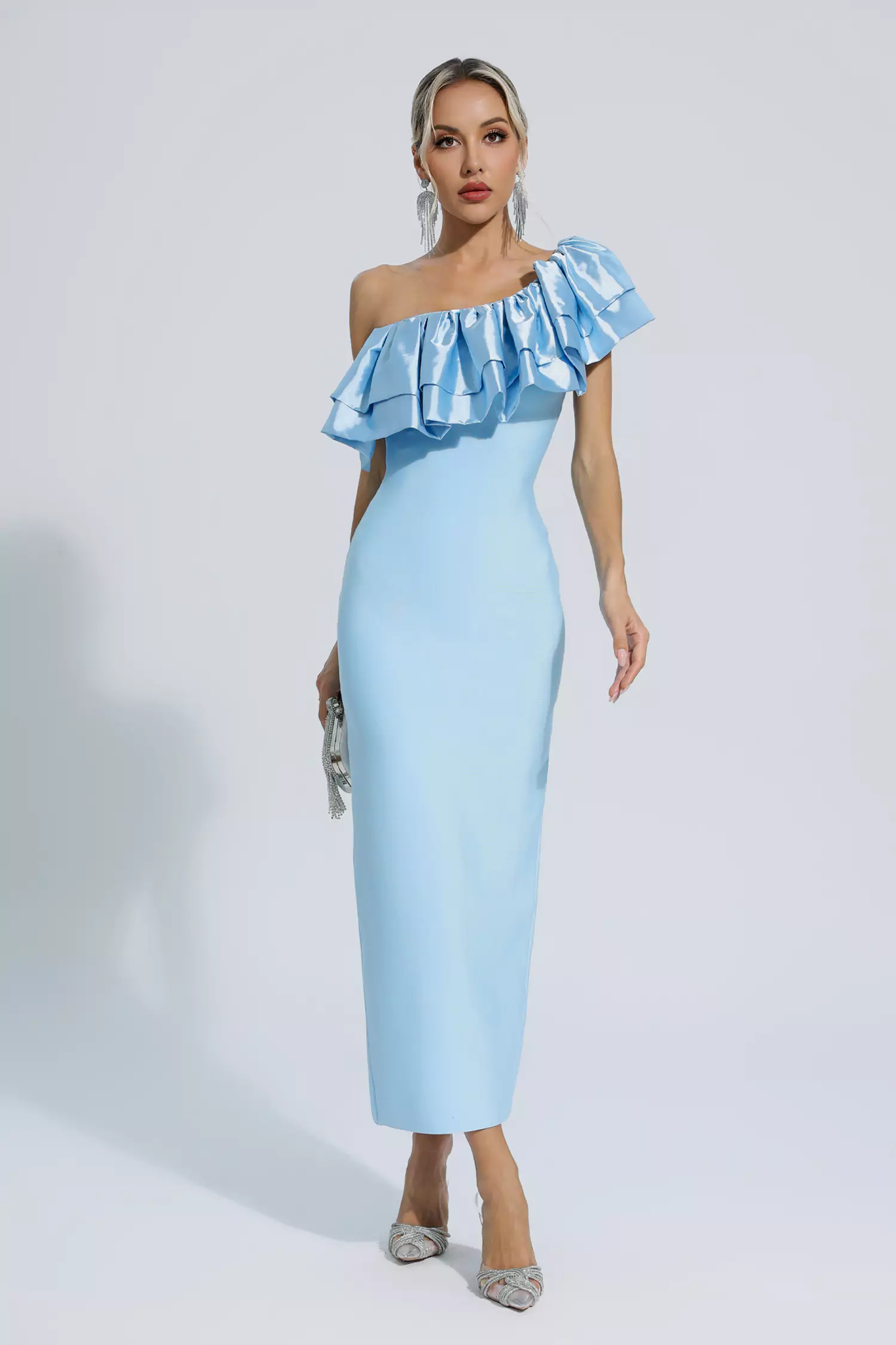 Emerie Blue One Shoulder Ruffles Bandage Dress-CATCHALL