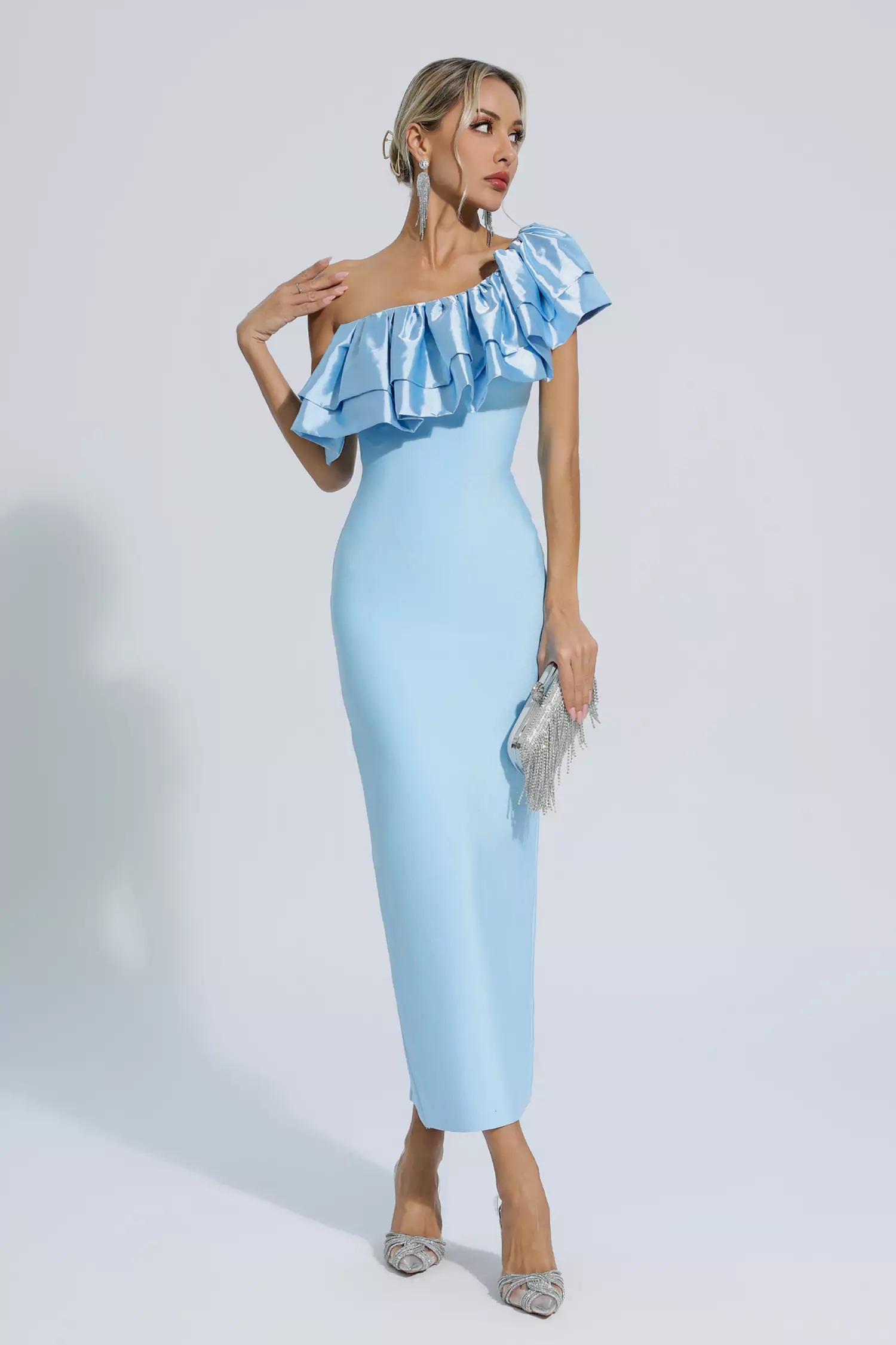 Emerie Blue One Shoulder Ruffles Bandage Dress-CATCHALL