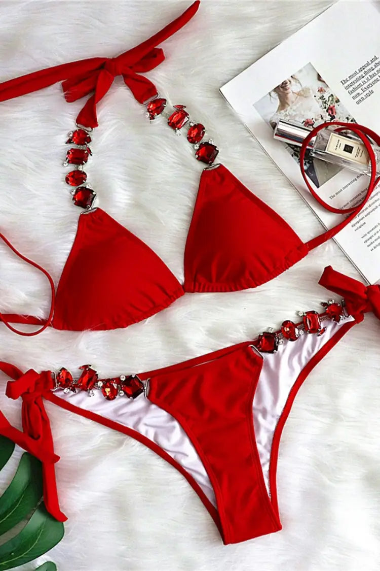 Emily Red Diamante Straps Bikini-CATCHALL