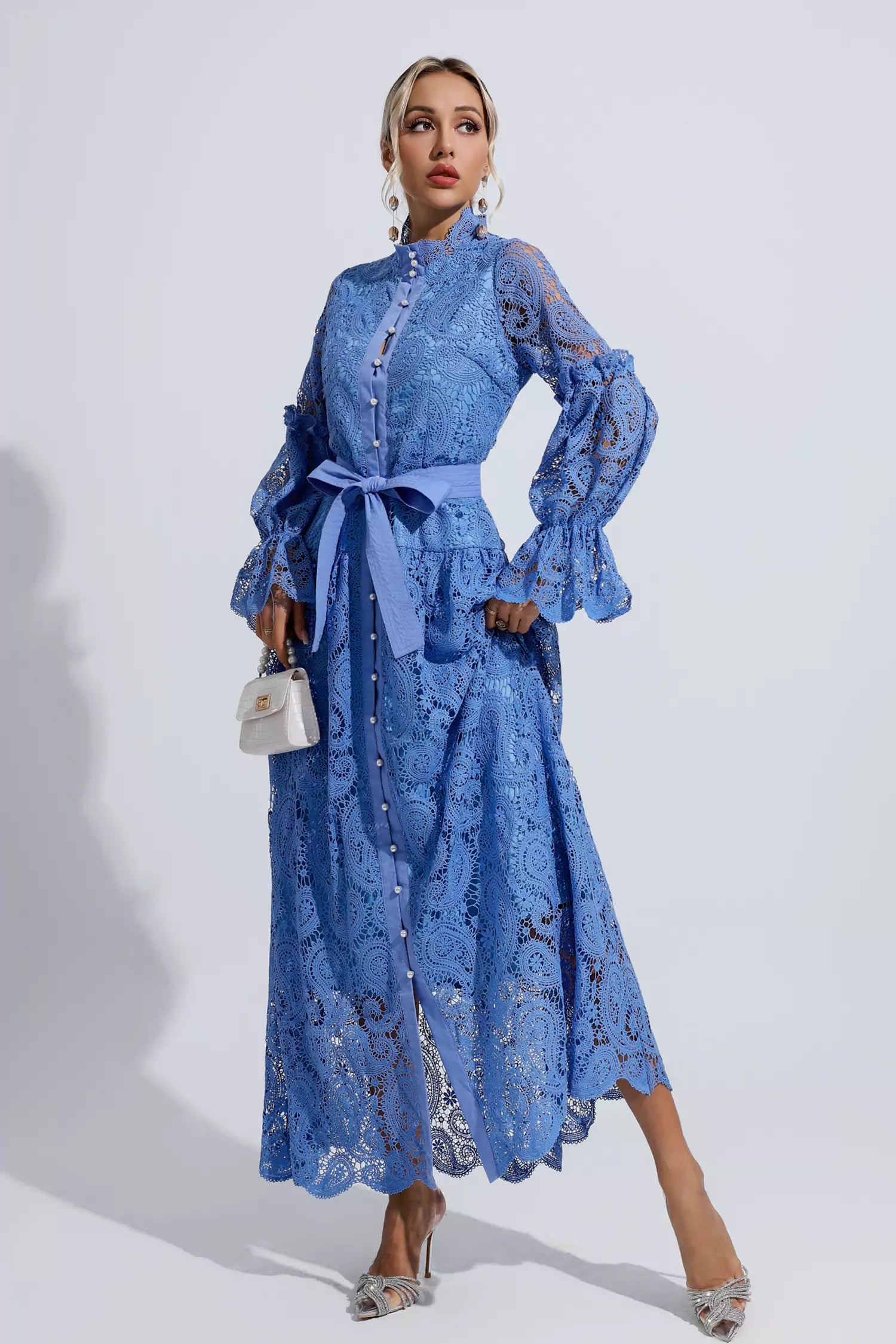 Esmeralda Blue Lace Floral Cutout Maxi Dress