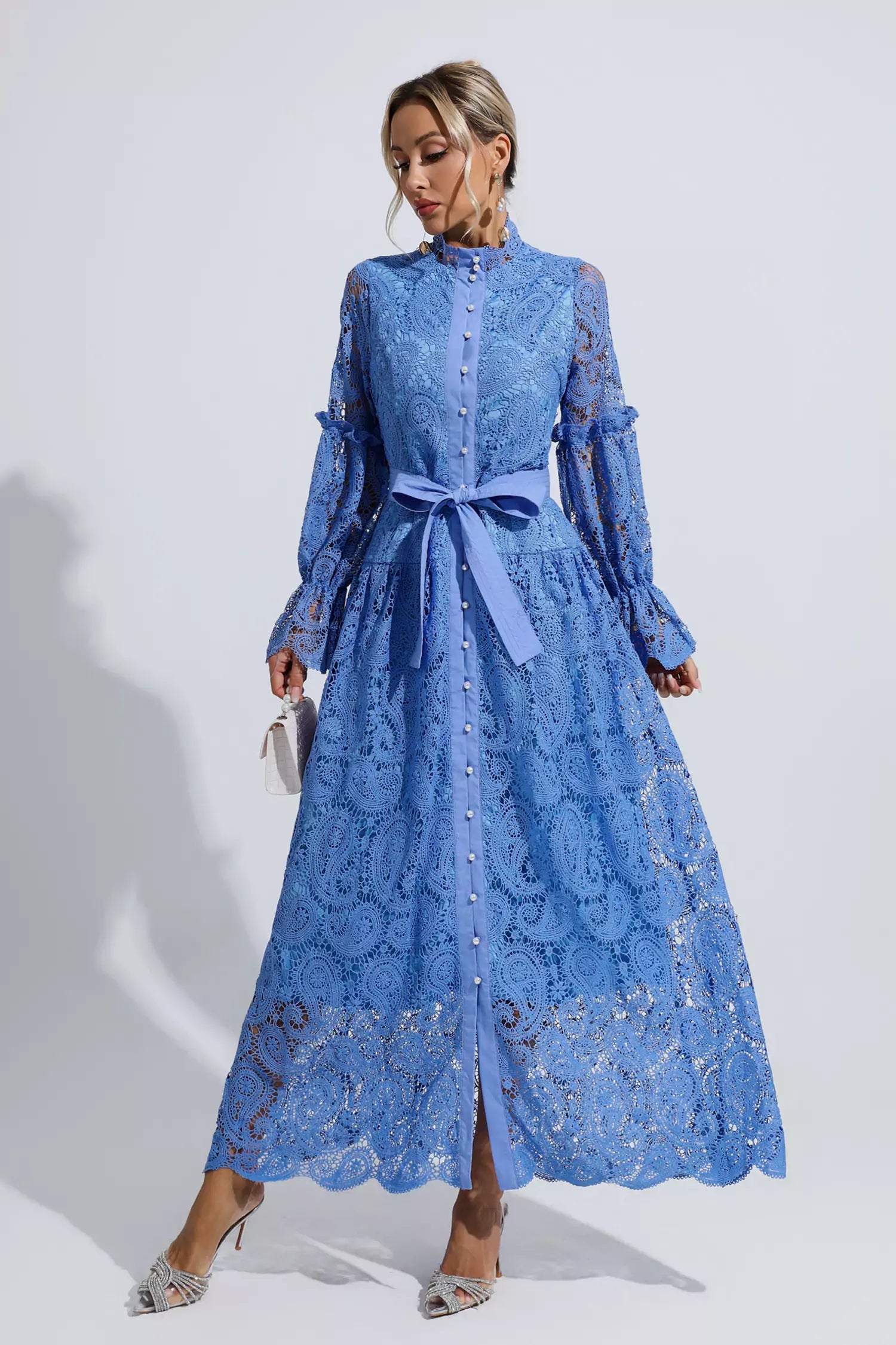 Esmeralda Blue Lace Floral Cutout Maxi Dress-CATCHALL