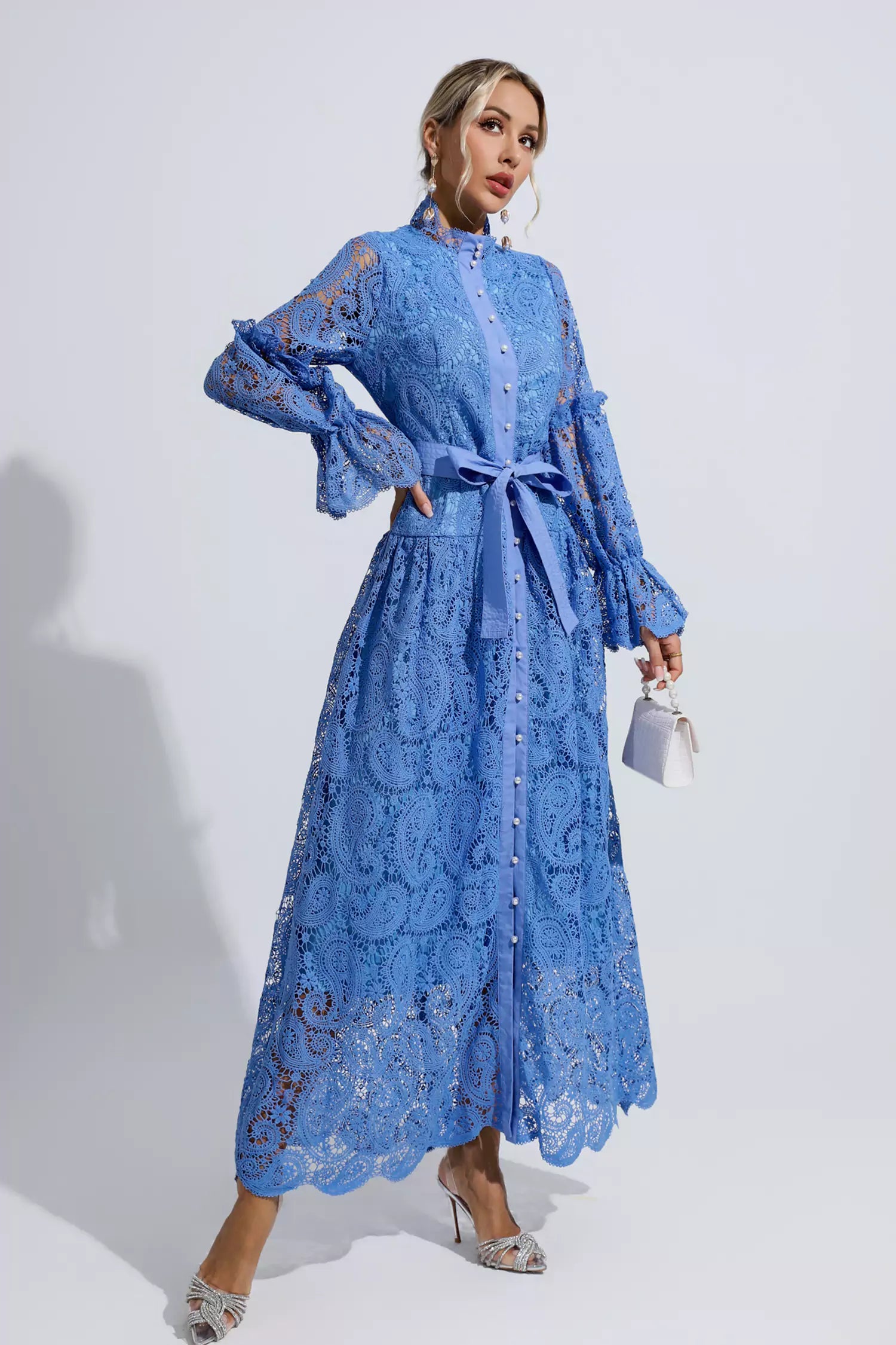 Esmeralda Blue Lace Floral Cutout Maxi Dress-CATCHALL