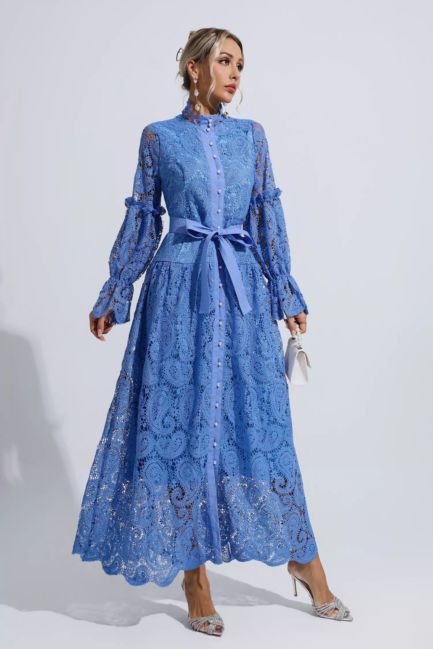 Esmeralda Blue Lace Floral Cutout Maxi Dress-CATCHALL