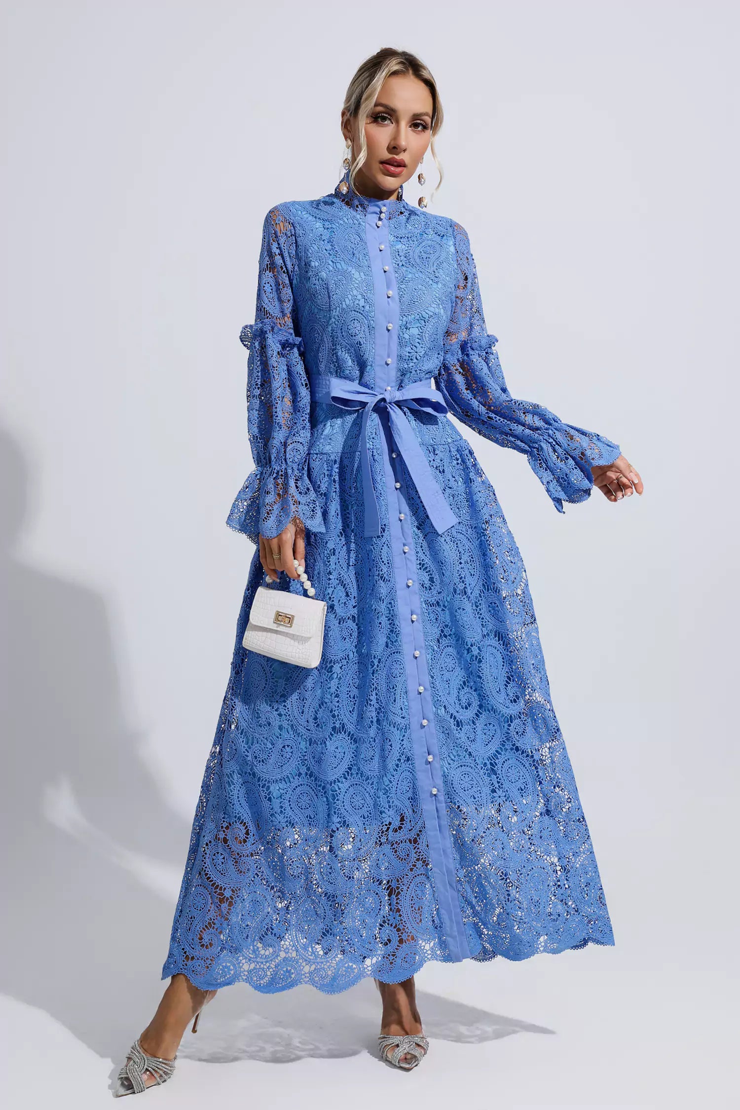 Esmeralda Blue Lace Floral Cutout Maxi Dress-CATCHALL