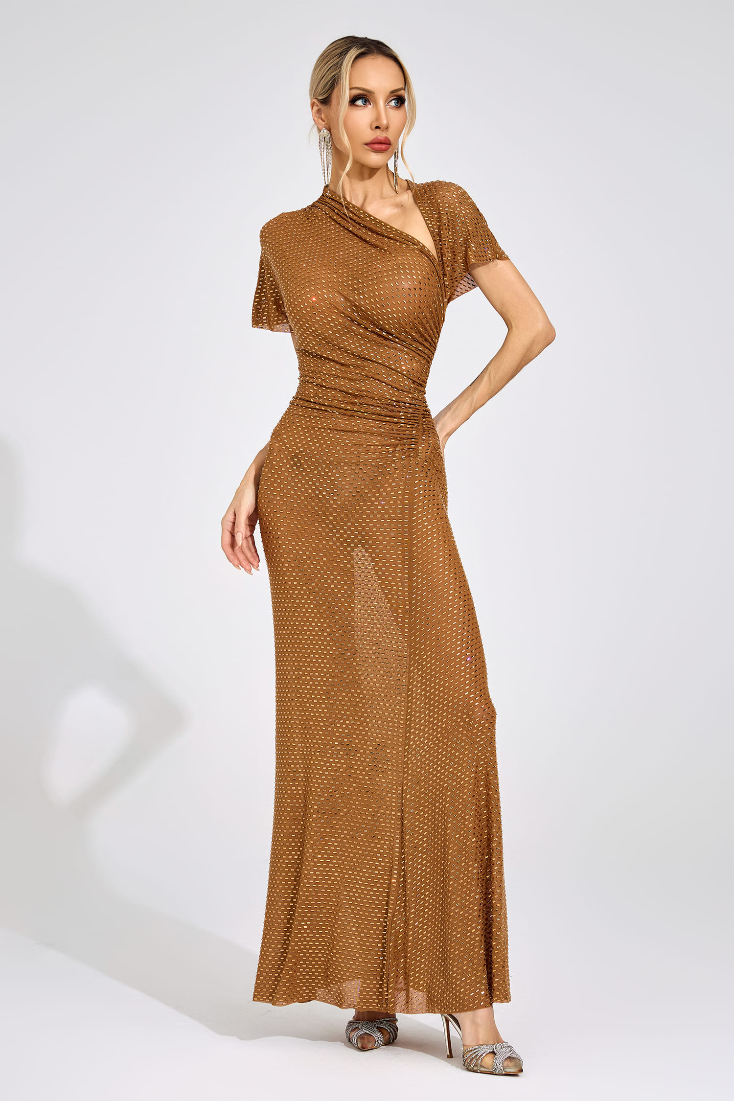 Ester Gold Asymmetric Maxi Dress
