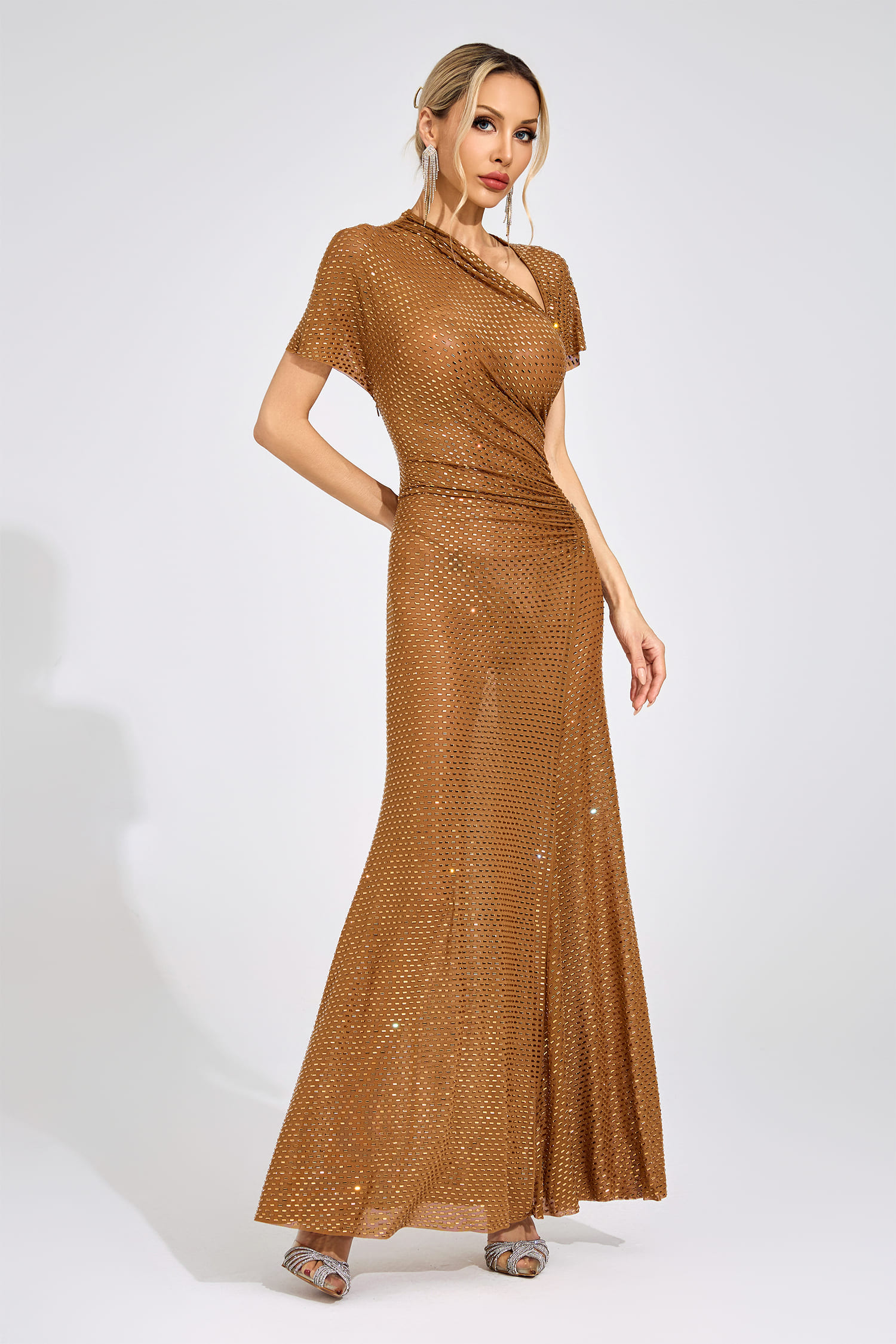 Ester Gold Asymmetric Maxi Dress