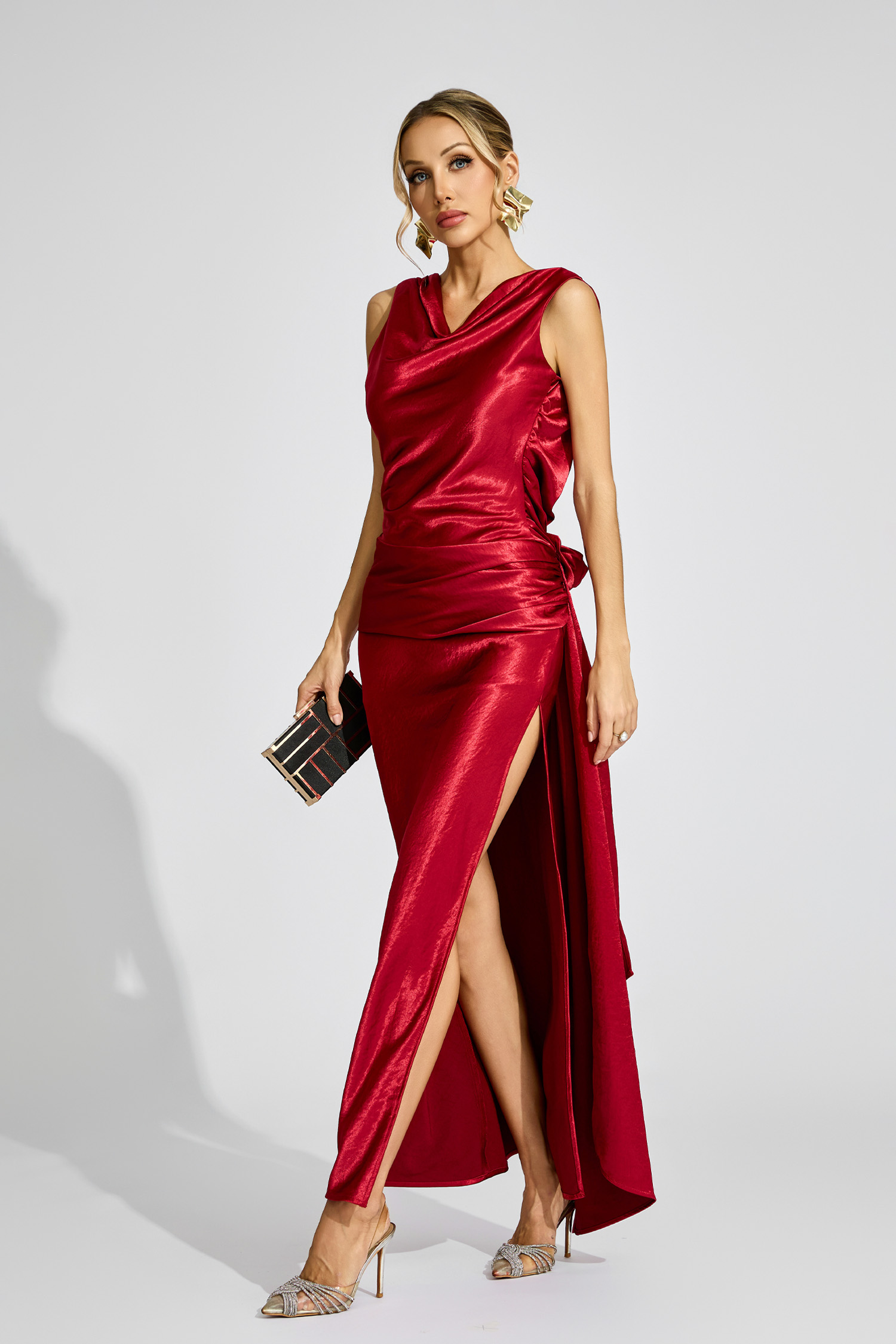 Eugene Wine Red Satin Backless Dress