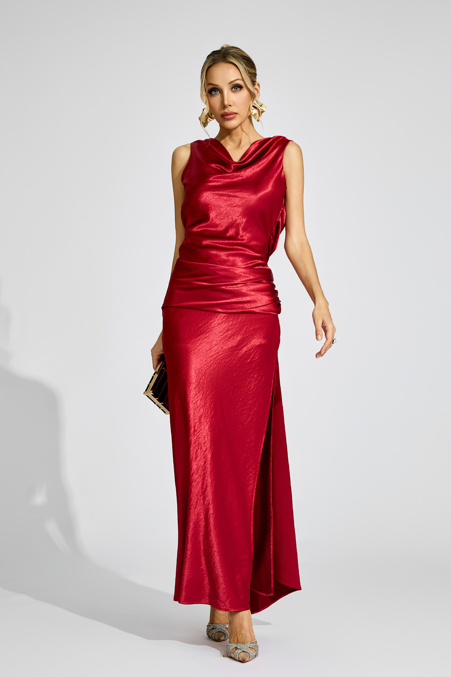 Eugene Wine Red Satin Backless Dress