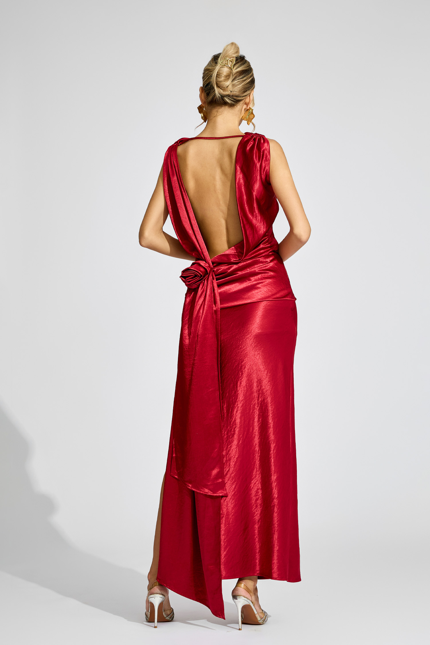 Eugene Wine Red Satin Backless Dress