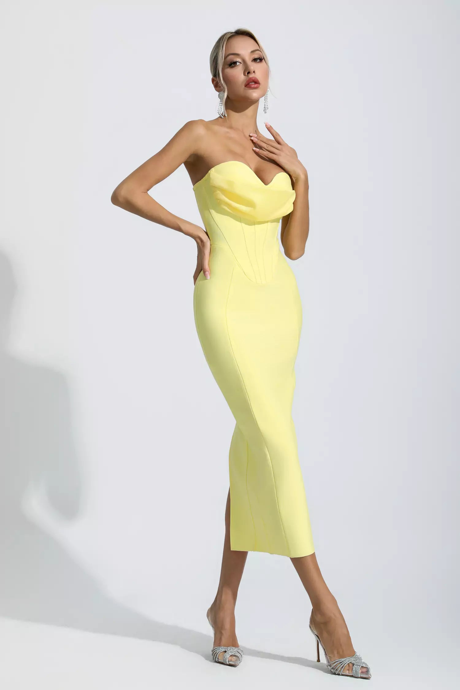 CASSIS Empire-Waist Midi Dress with Adjustable Straps in Dark-Yellow - DALB