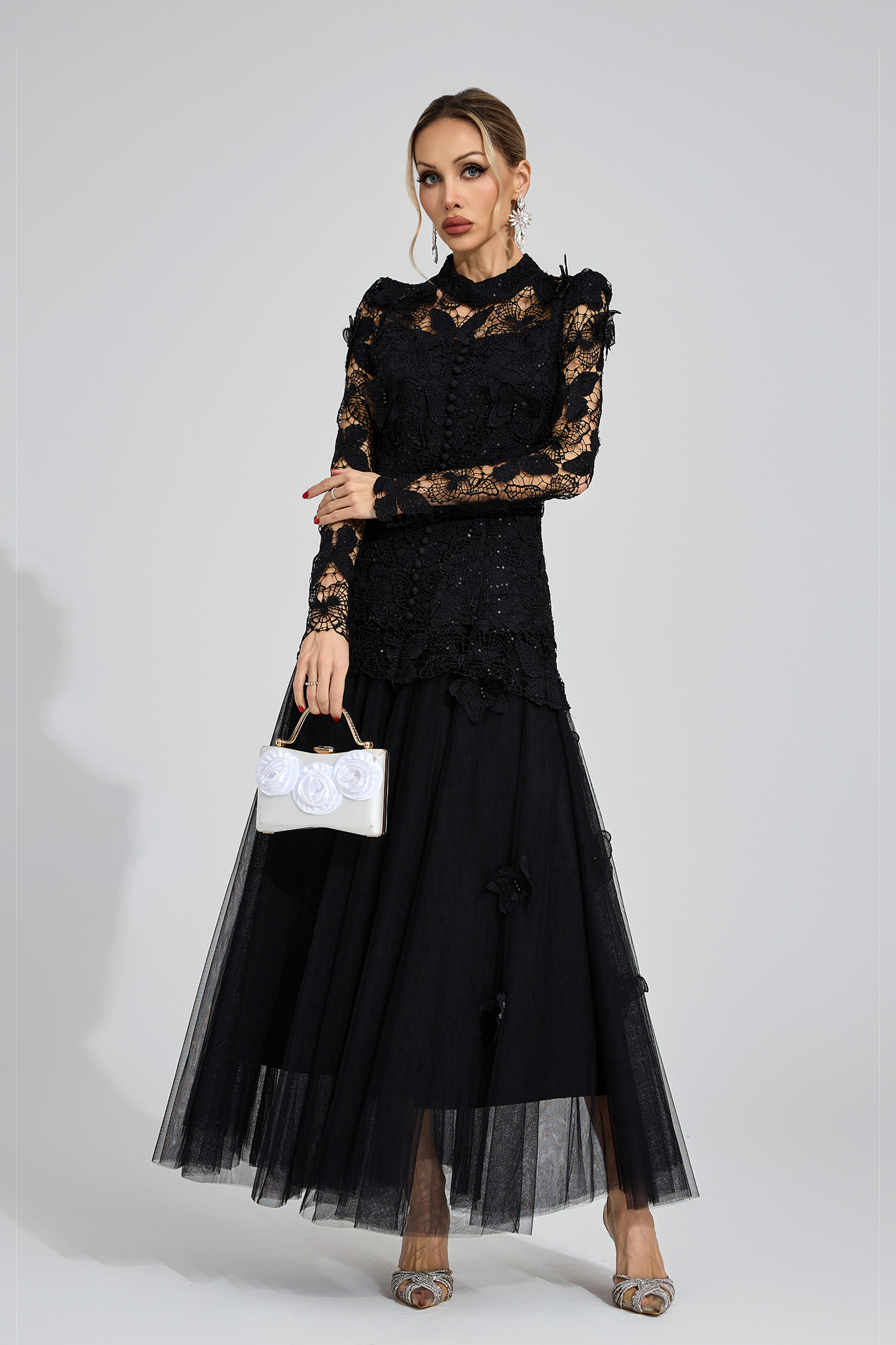 Fays Black Embroidered Two Piece Set