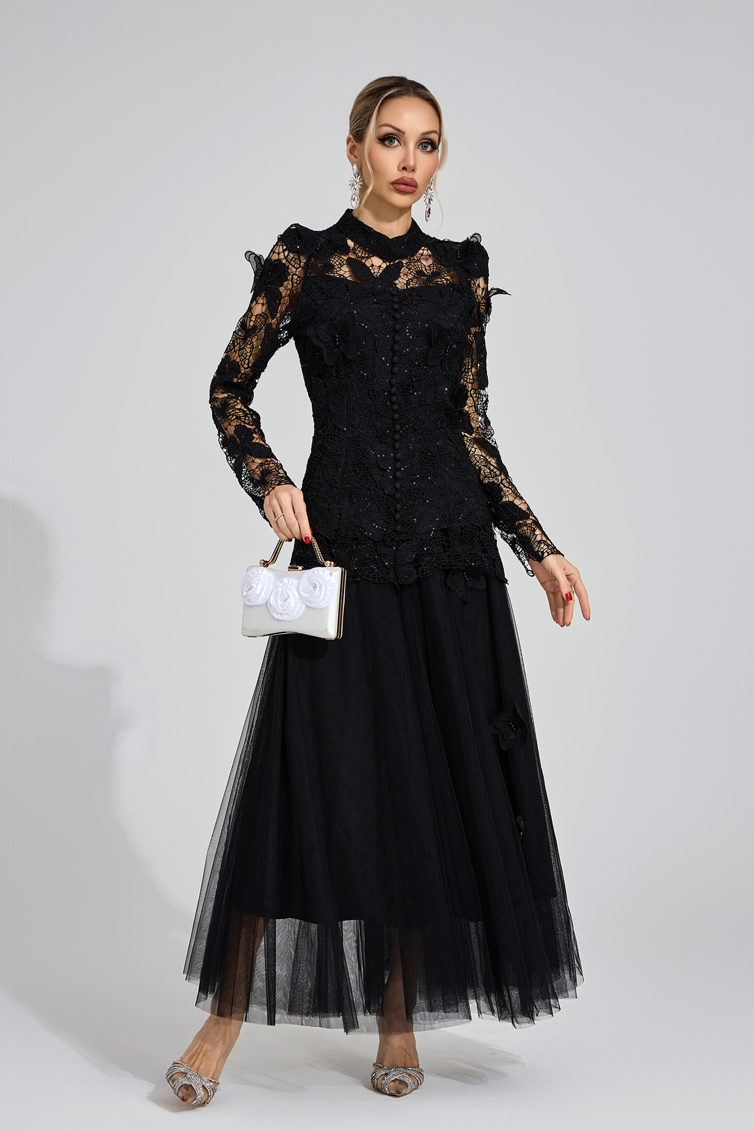 Fays Black Embroidered Two Piece Set