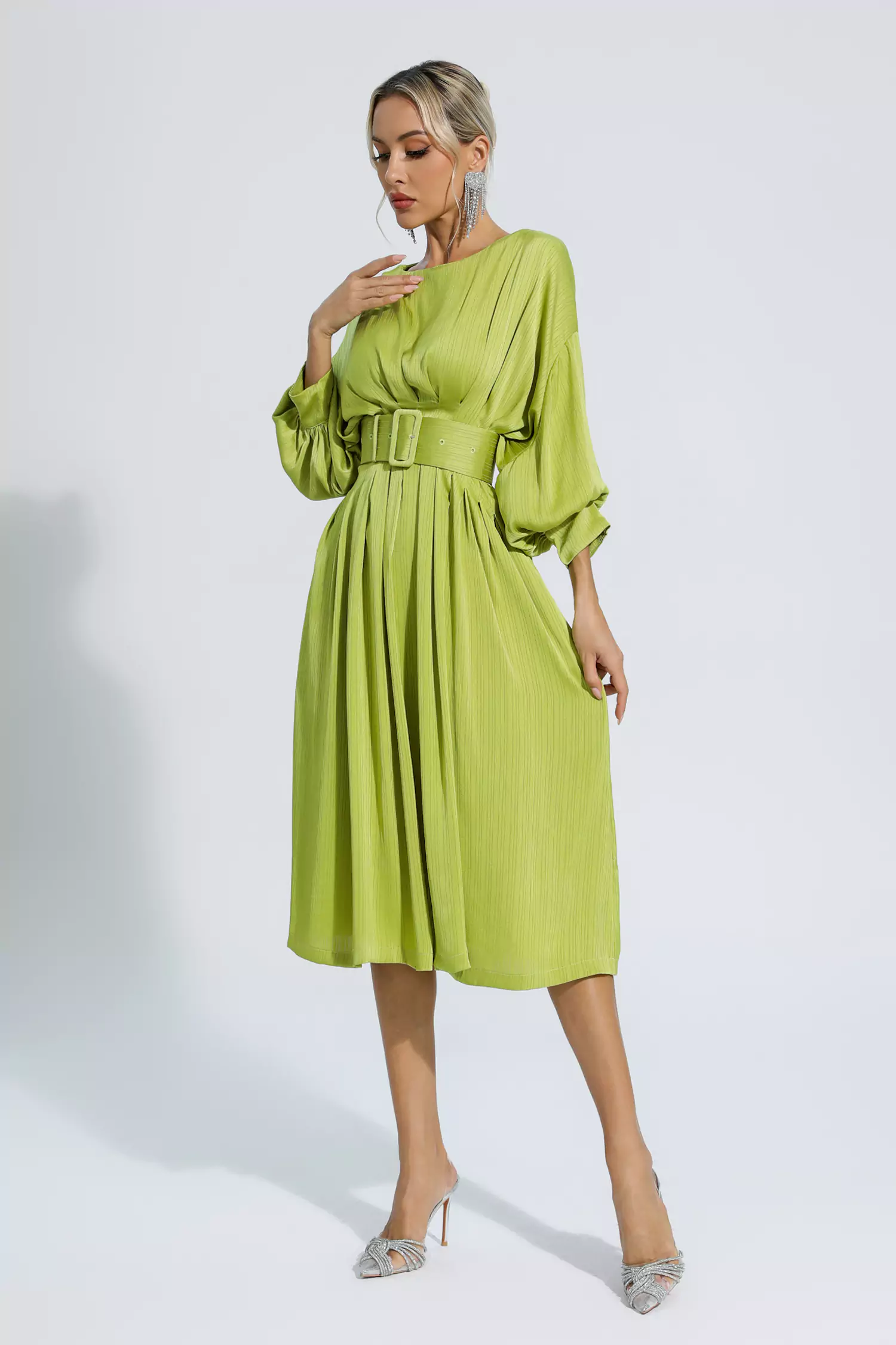 Flora Light Green Satin Midi Dress-CATCHALL