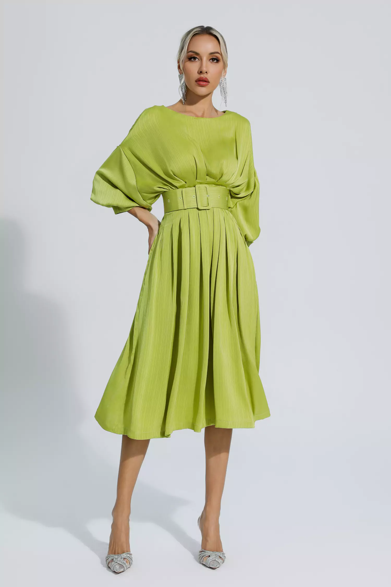 Flora Light Green Satin Midi Dress-CATCHALL