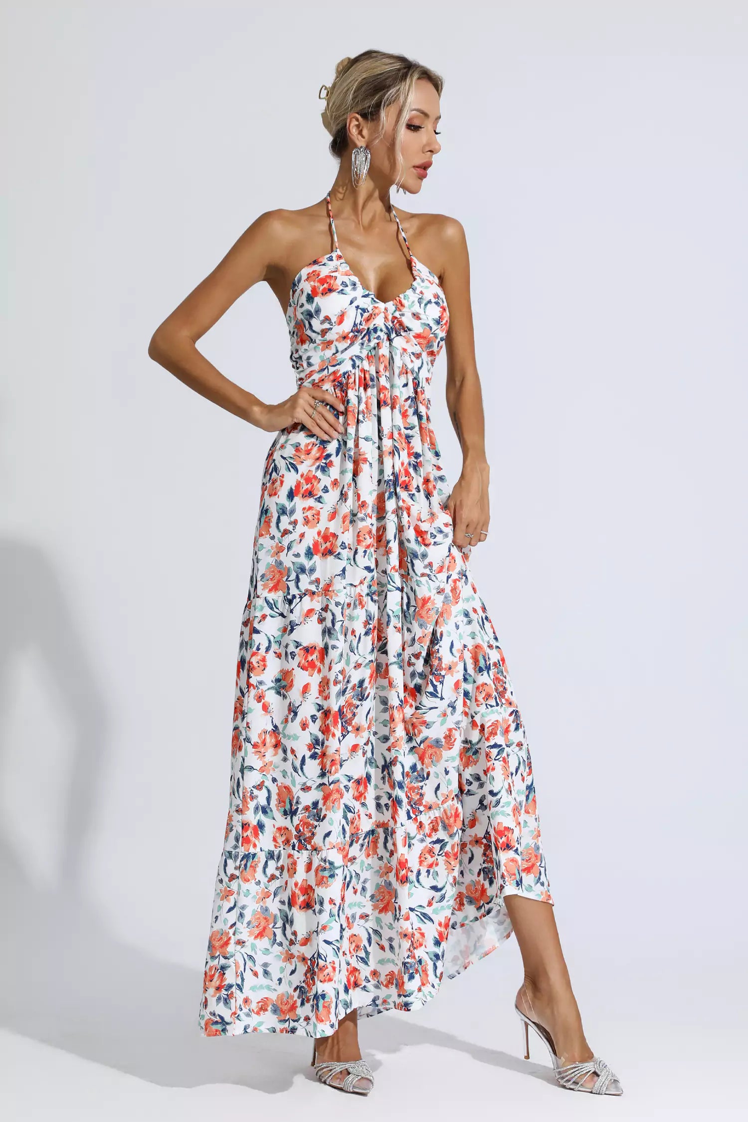 Frances Orange Floral Printed Maxi Dress-CATCHALL