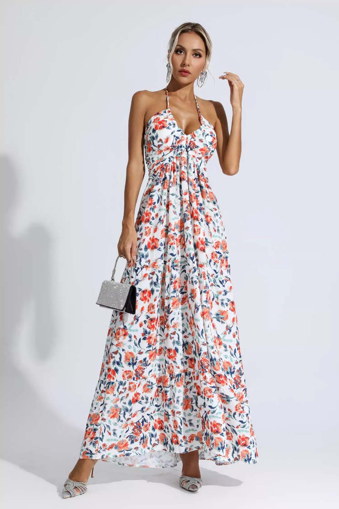 Orange Square Neck Floral Print Maxi Dress