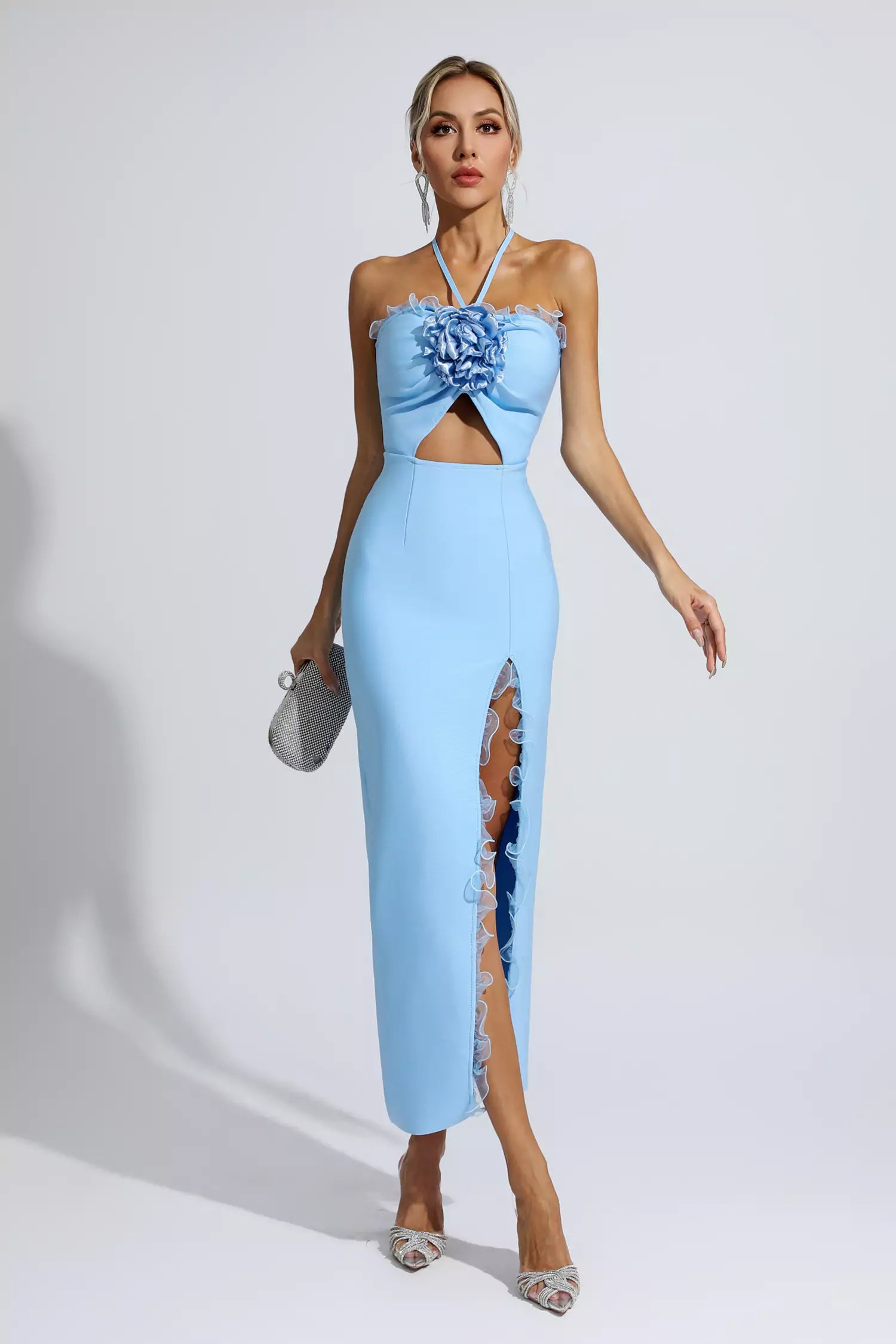 Francesca Blue Floral Ruched Maxi Dress-CATCHALL
