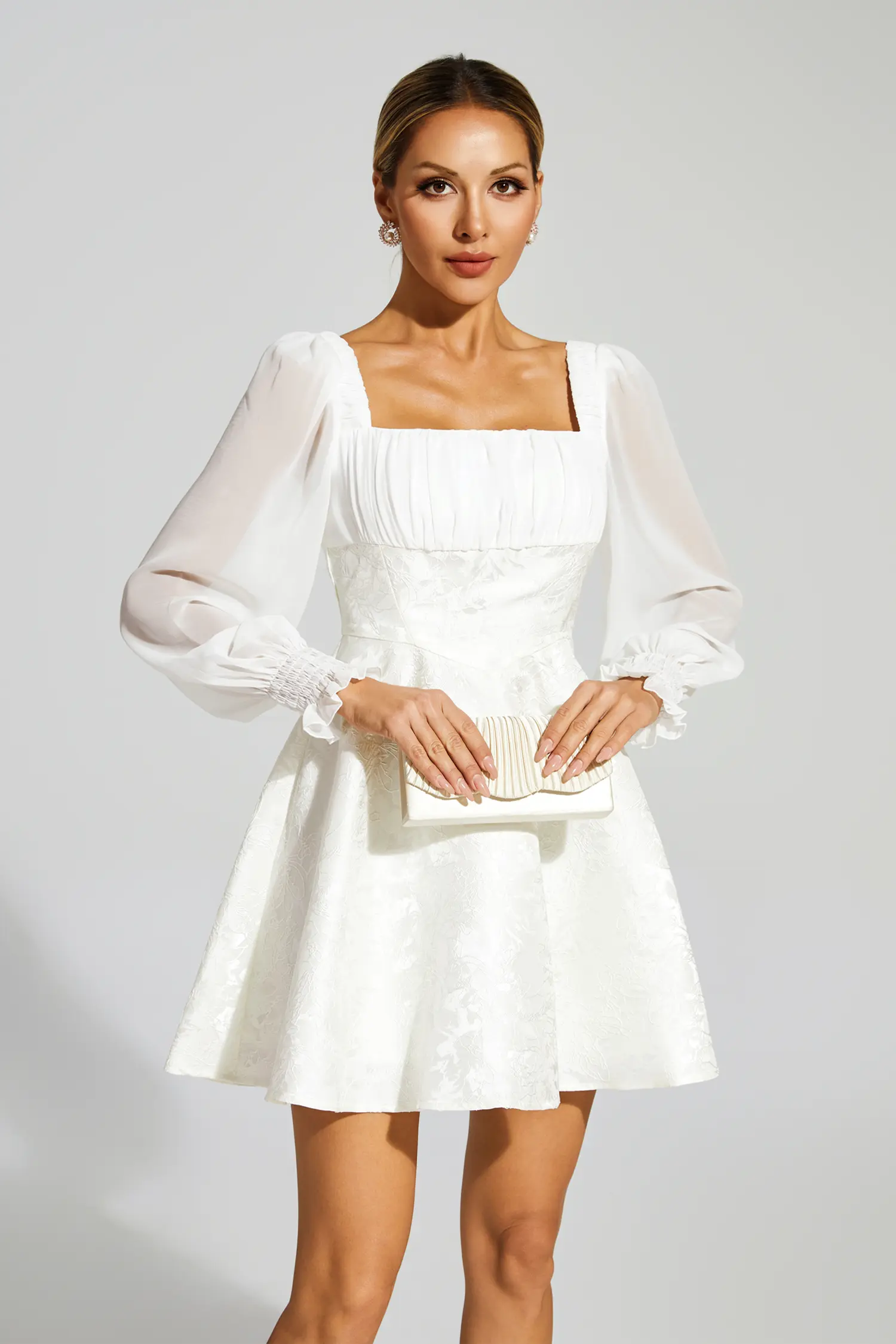 Francis White Lantern Sleeves Mini Dress-CATCHALL
