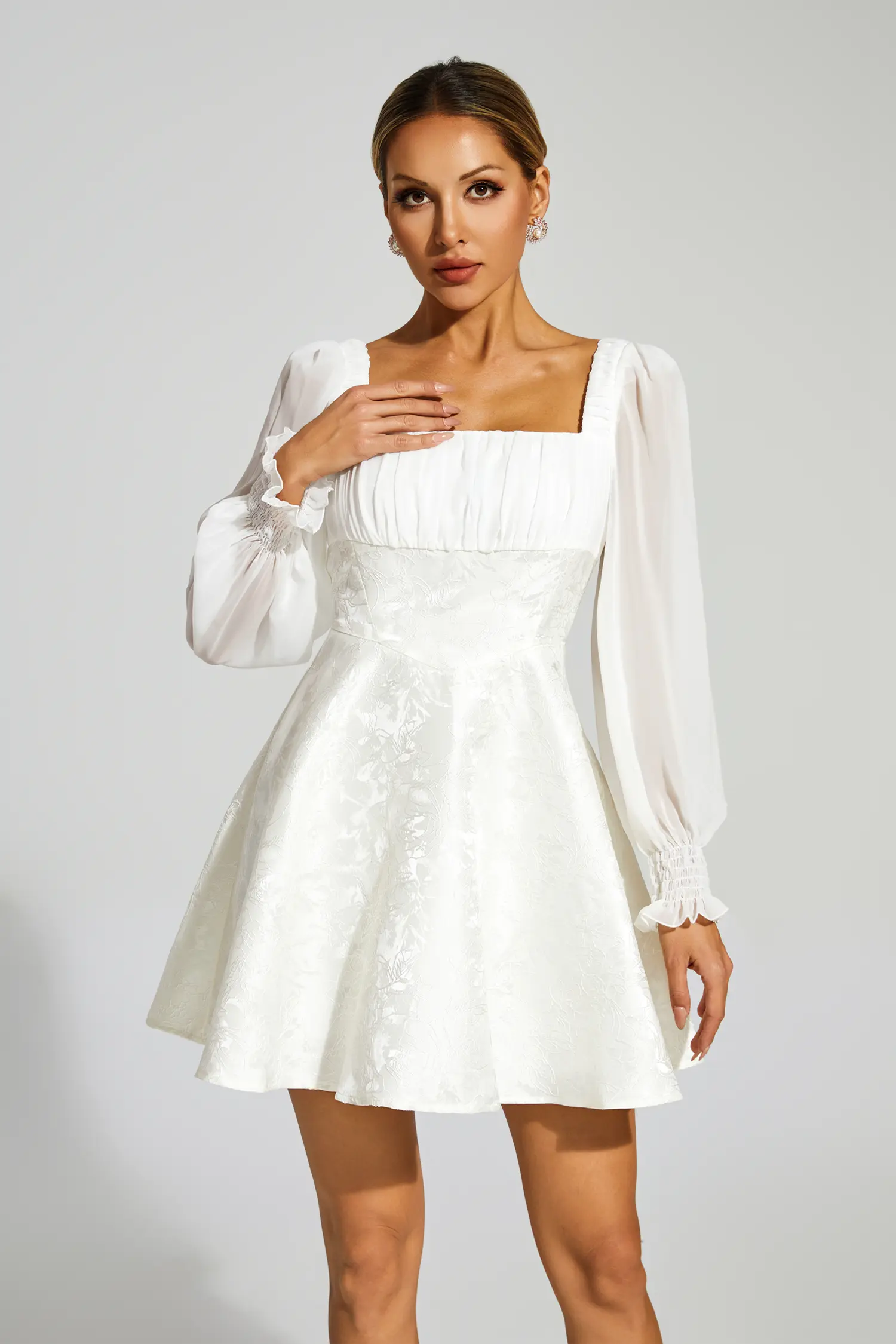 Francis White Lantern Sleeves Mini Dress-CATCHALL