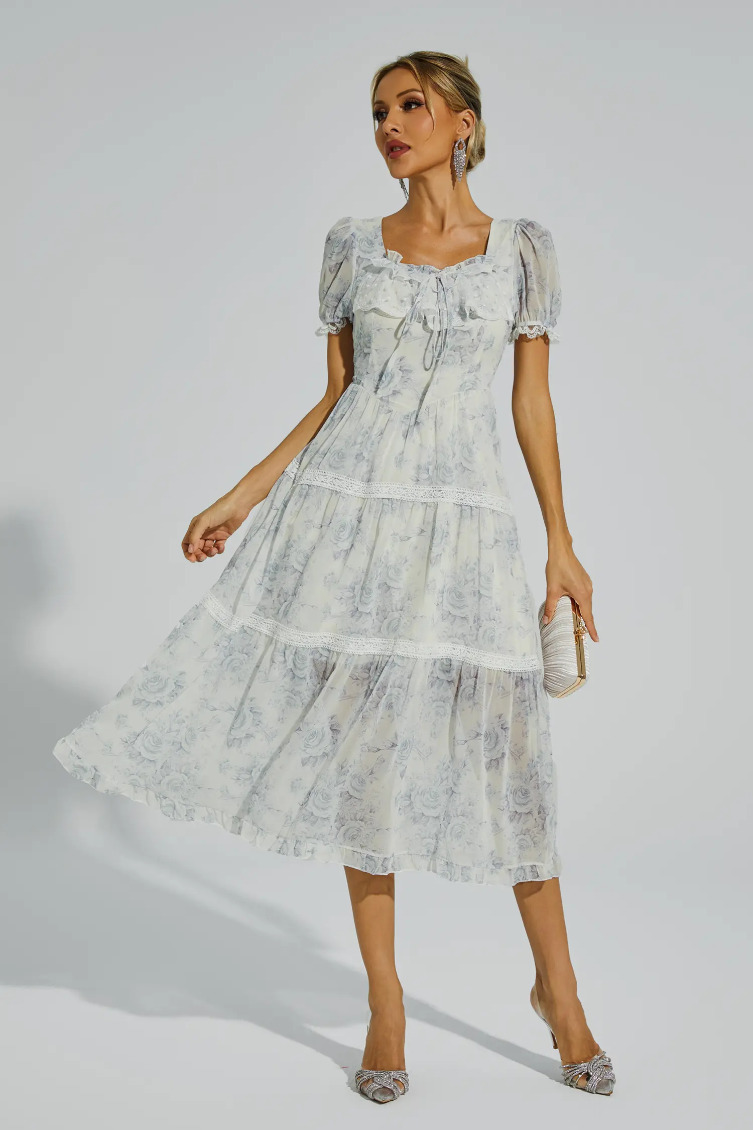 Frank White Flower Printed Midi Dress-CATCHALL
