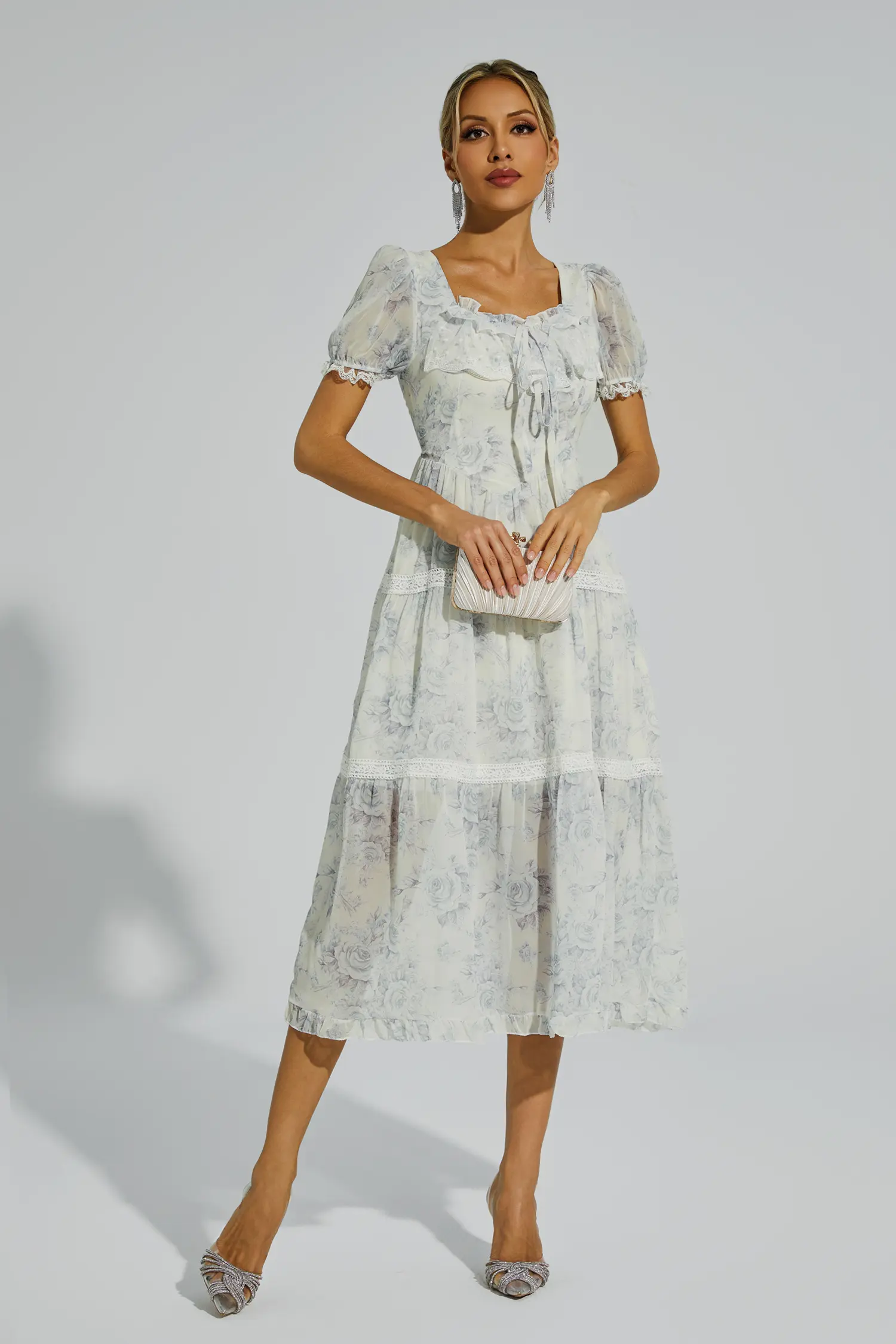 Frank White Flower Printed Midi Dress-CATCHALL
