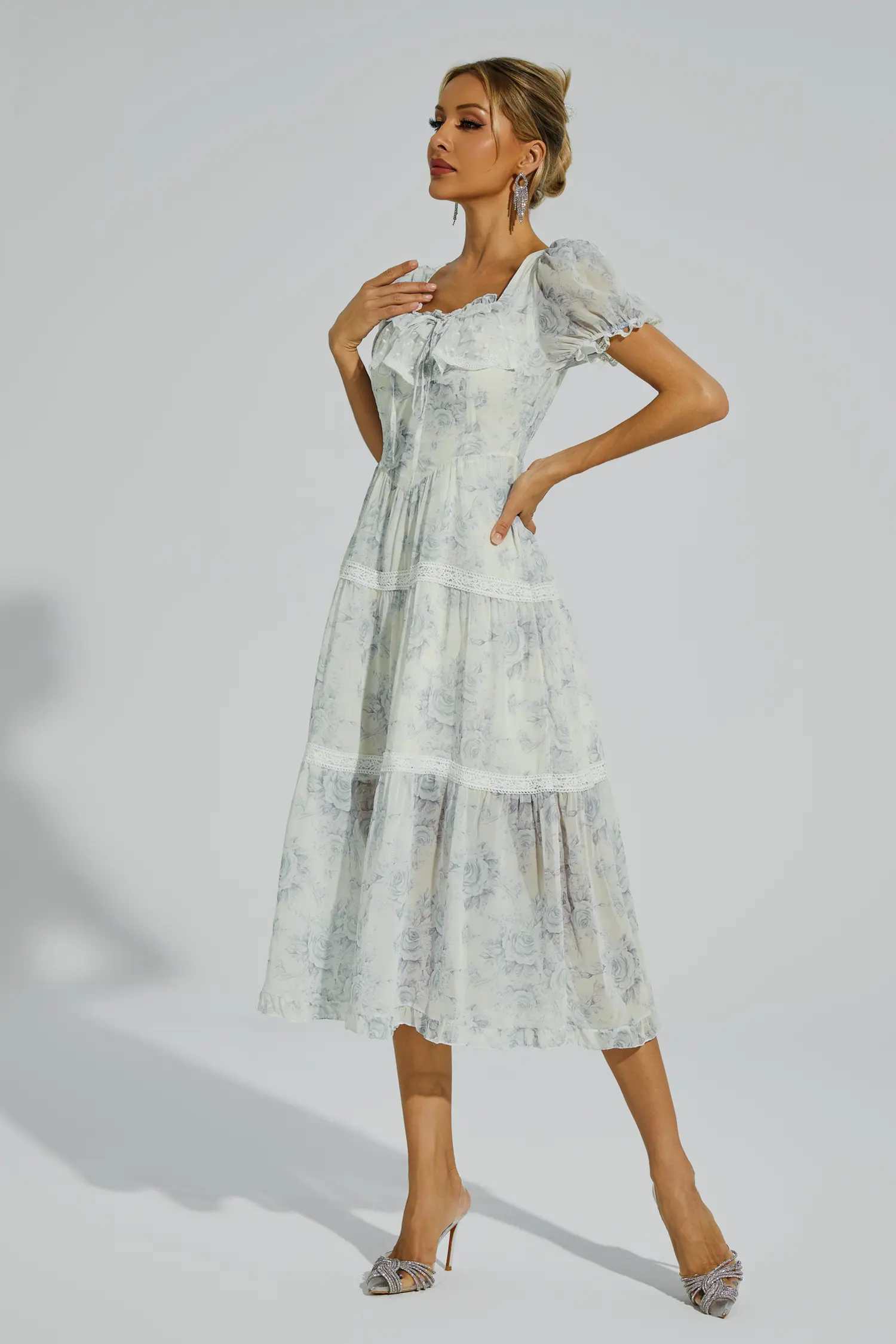 Frank White Flower Printed Midi Dress-CATCHALL