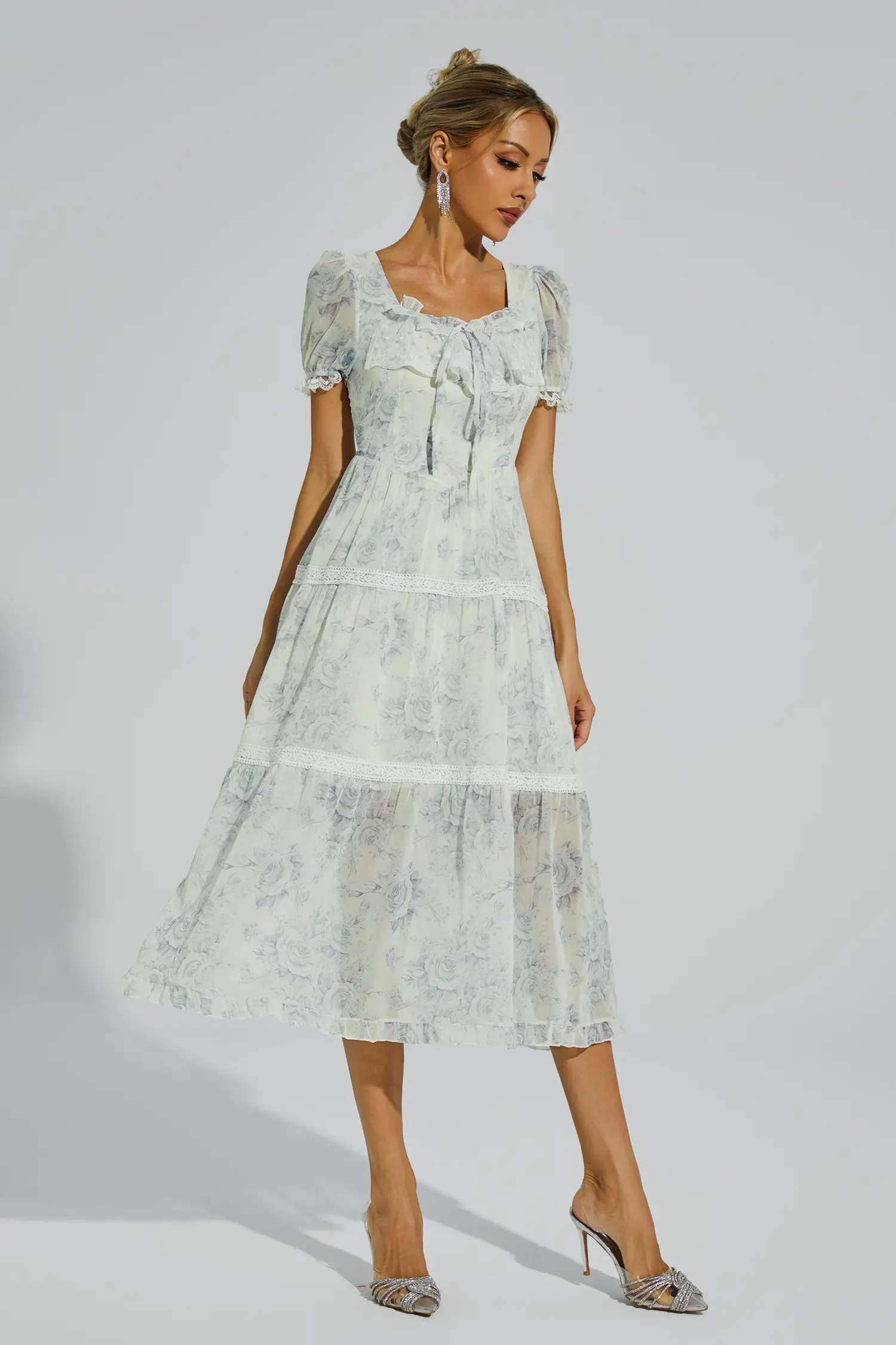 Frank White Flower Printed Midi Dress-CATCHALL