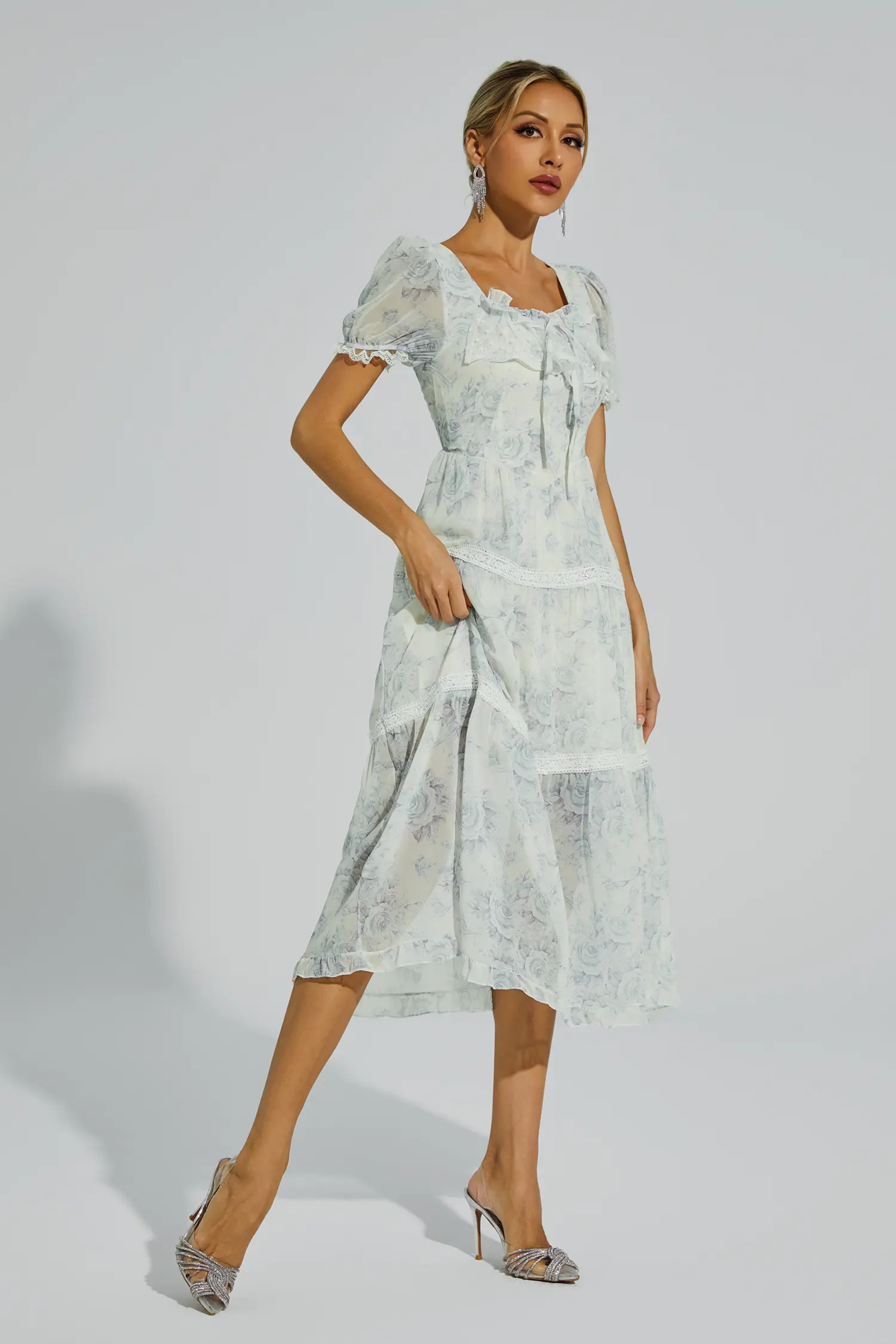 Frank White Flower Printed Midi Dress-CATCHALL