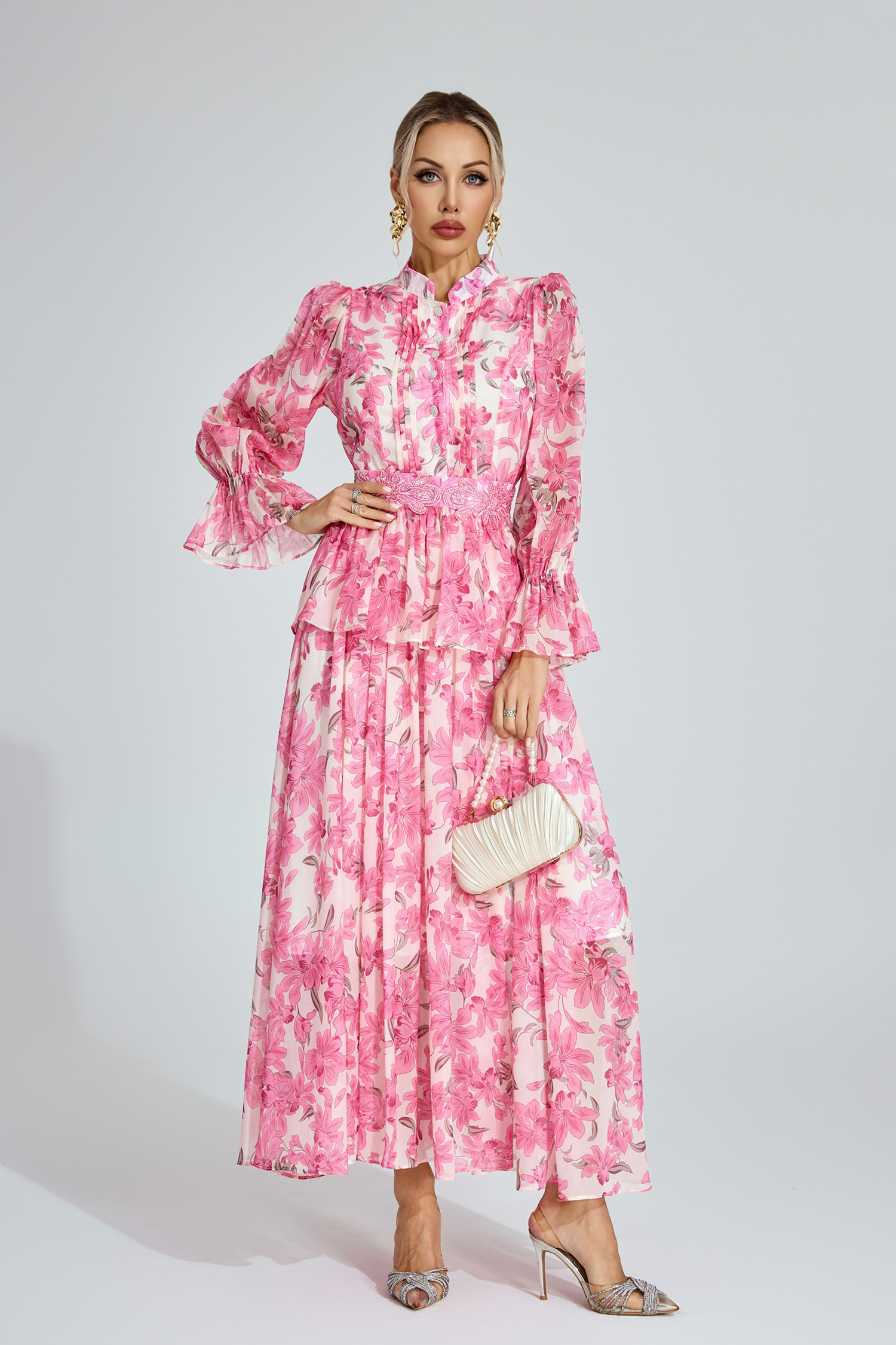 Gale Pink Floral Chiffon Maxi Dress