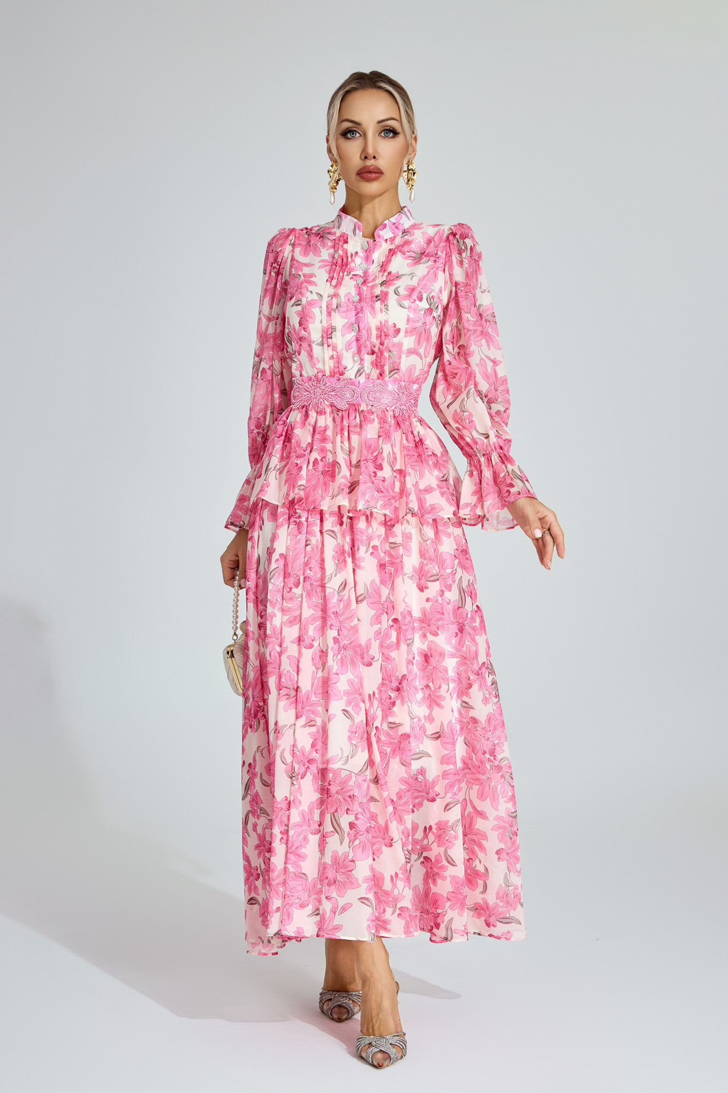 Gale Pink Floral Chiffon Maxi Dress