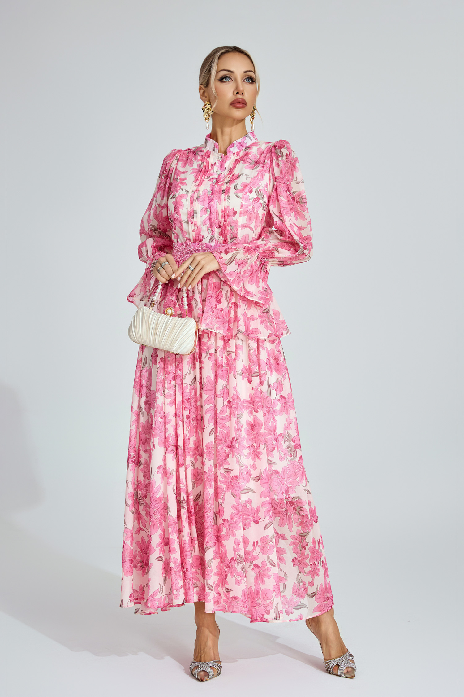 Gale Pink Floral Chiffon Maxi Dress