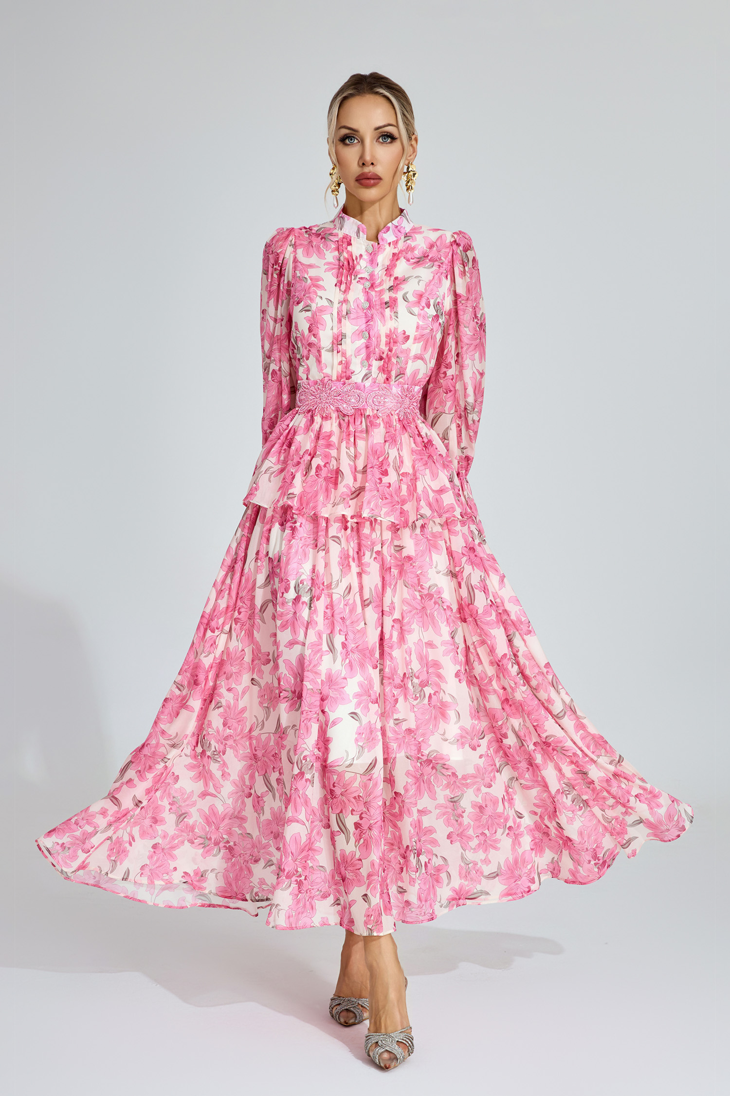 Gale Pink Floral Chiffon Maxi Dress
