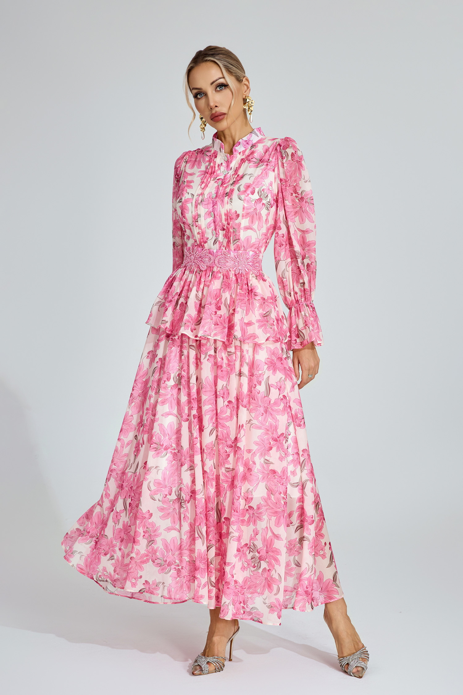 Gale Pink Floral Chiffon Maxi Dress