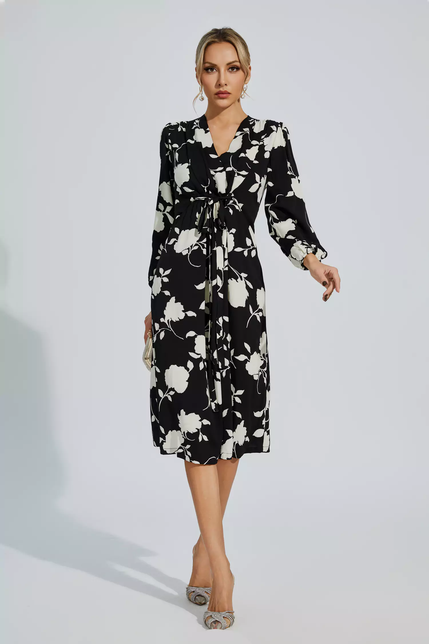 Galilea Black Floral Girded Midi Dress-CATCHALL