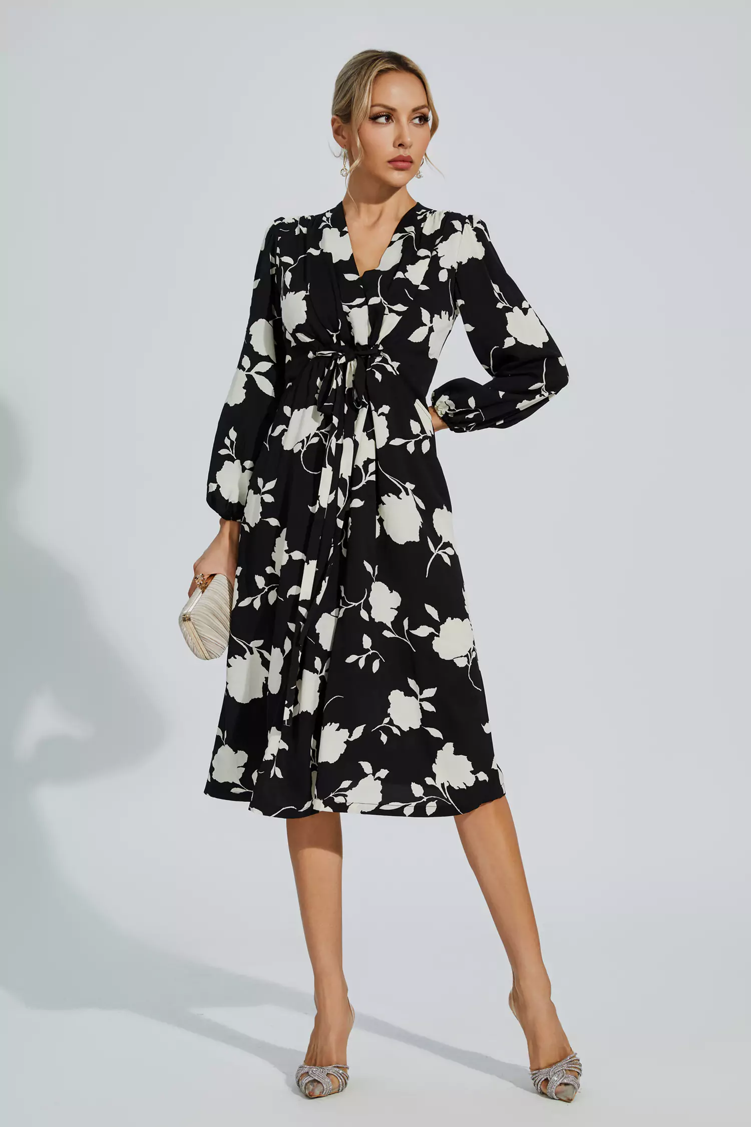 Galilea Black Floral Girded Midi Dress-CATCHALL